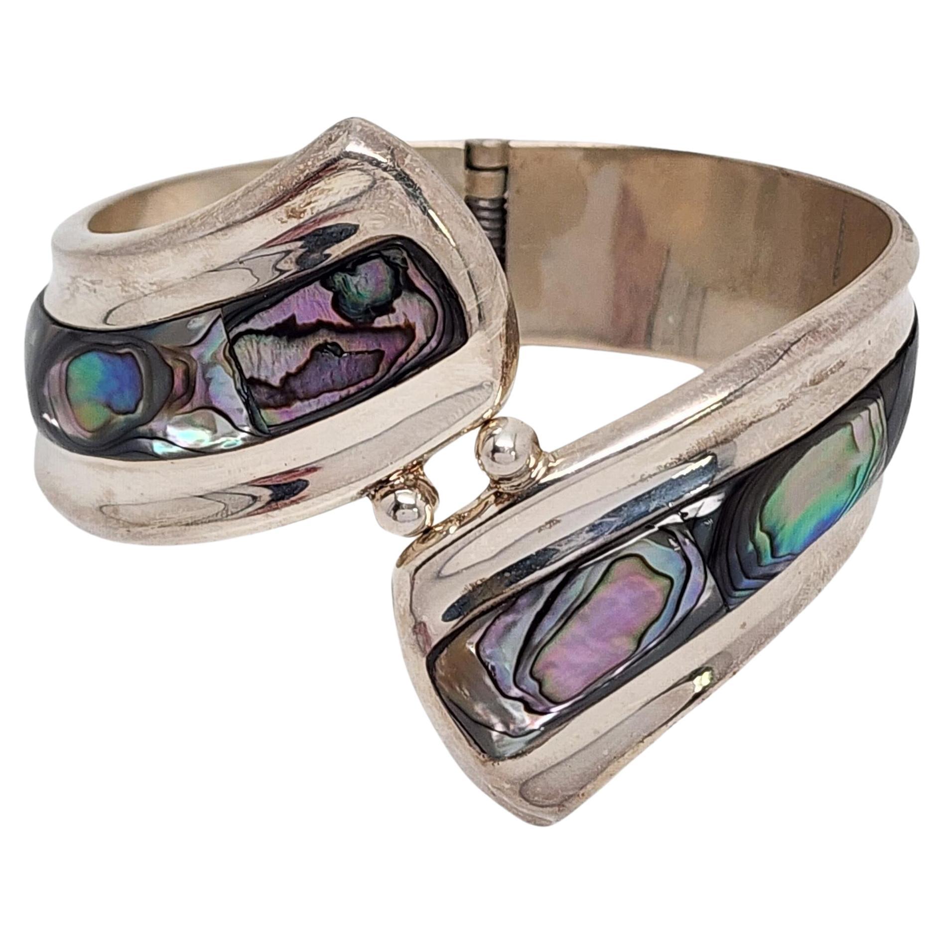 Mexico Sterling Silver Abalone Shell Bypass Hinged Bracelet #16440 For Sale
