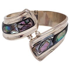 Vintage Mexico Sterling Silver Abalone Shell Bypass Hinged Bracelet #16440