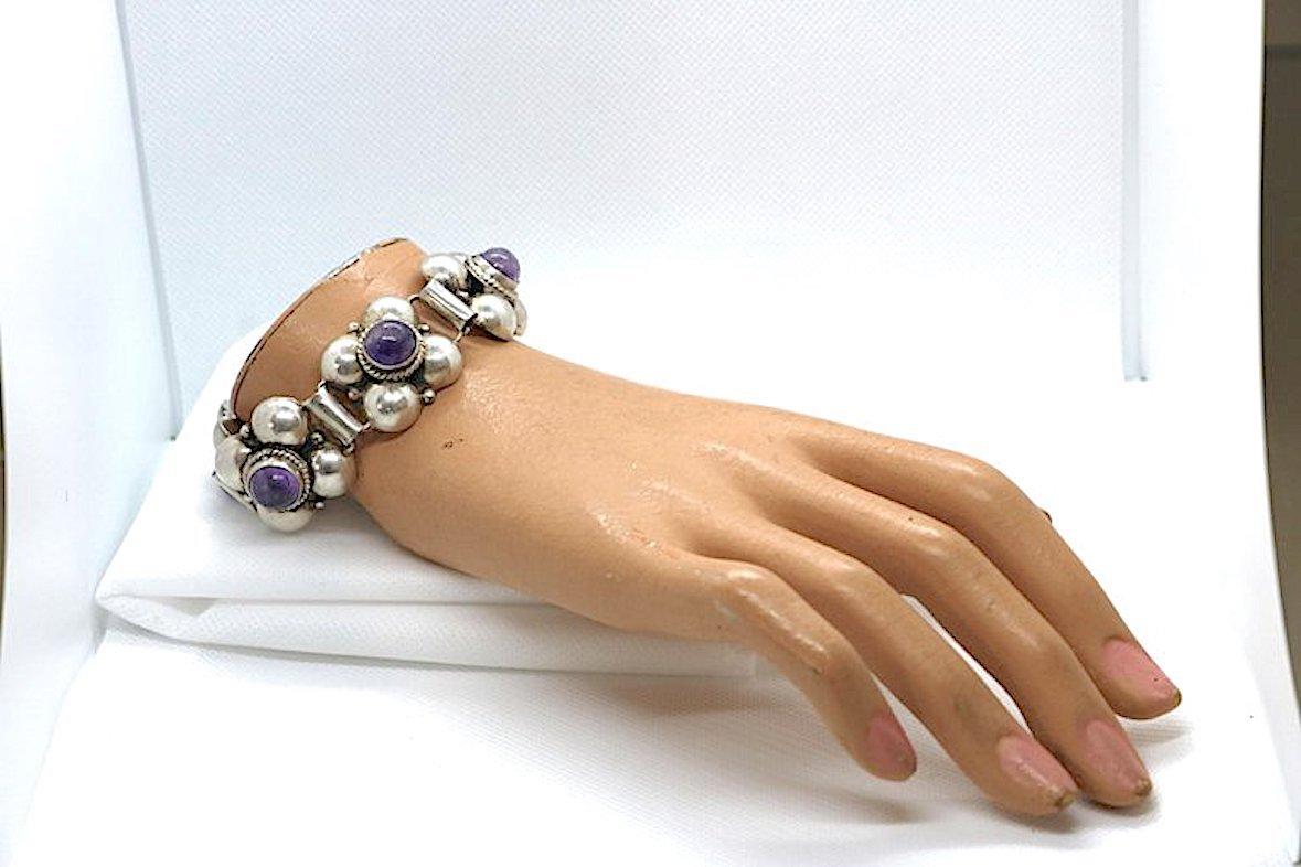 Mexico Sterling Silver Amethyst Cabochon Bracelet For Sale 1