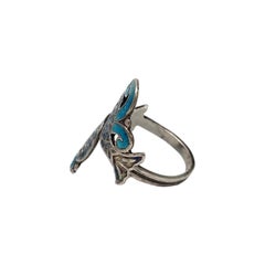 Mexico Sterling Silver Blue Enamel Koi Fish Bypass Ring Size 9 #19868