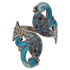 Mexico Sterling Silver Blue Enamel Koi Fish Bypass Ring Size 9 #19868