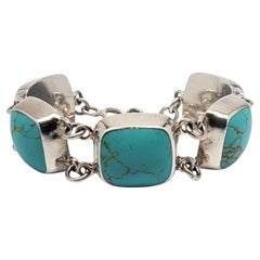 Vintage Mexico Sterling Silver Chunky Turquoise Panels Link Bracelet #21040
