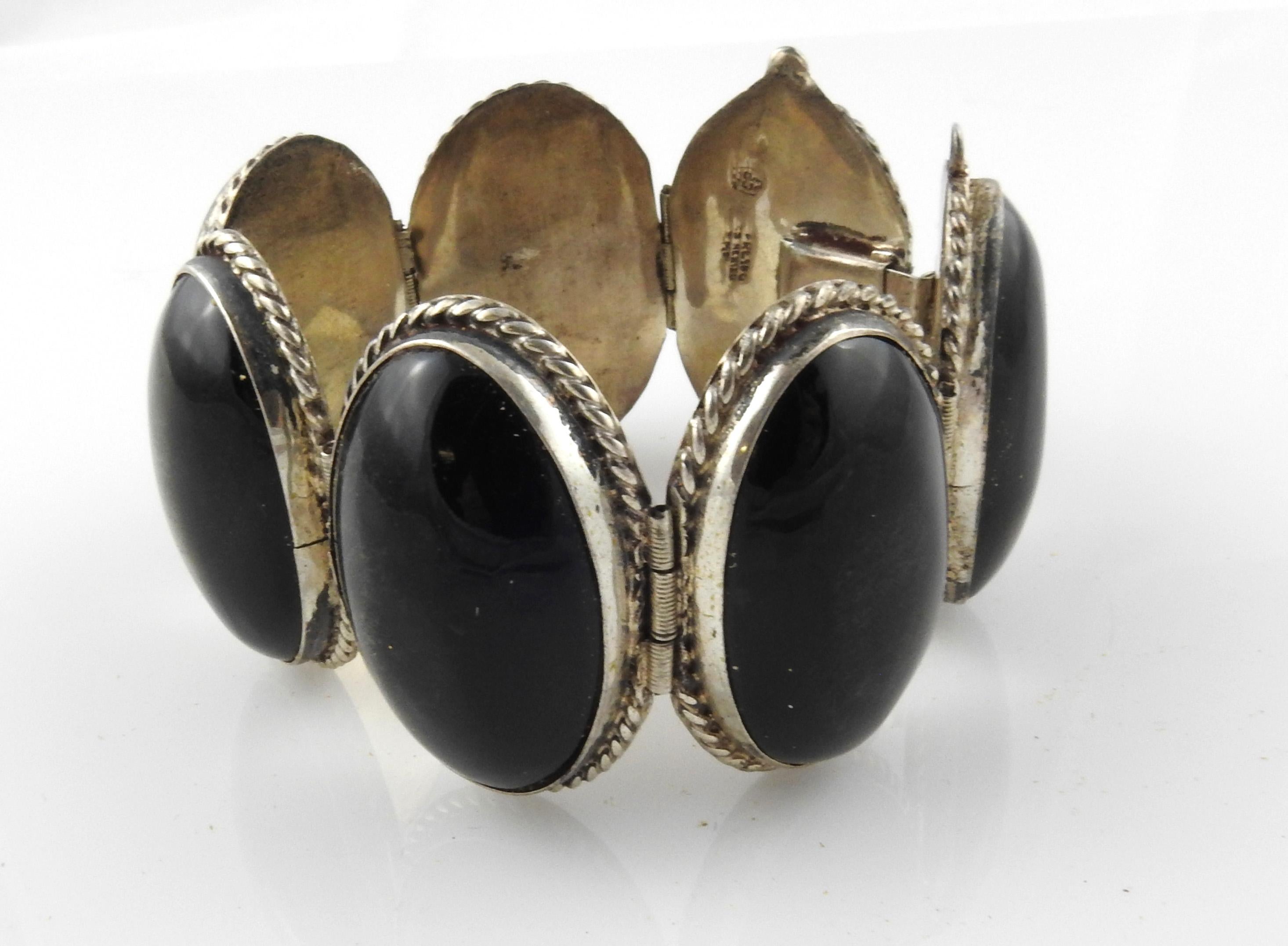 Women's or Men's Mexico Sterling Silver Large Bezel Set Obsidian Bracelet For Sale