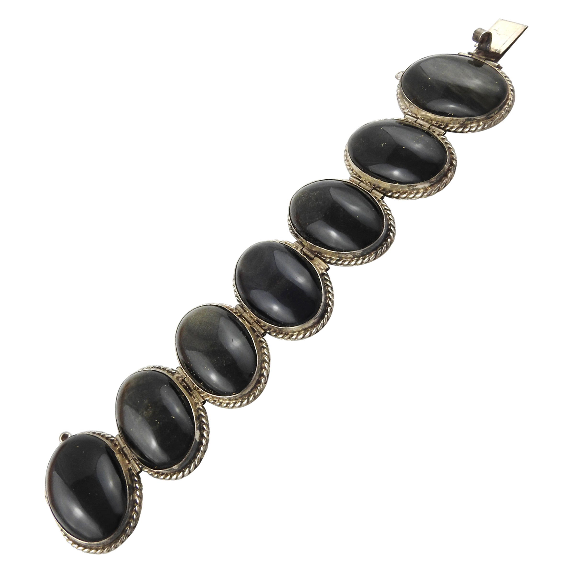 Bracelet obsidienne mexicain en argent sterling avec grand chaton serti