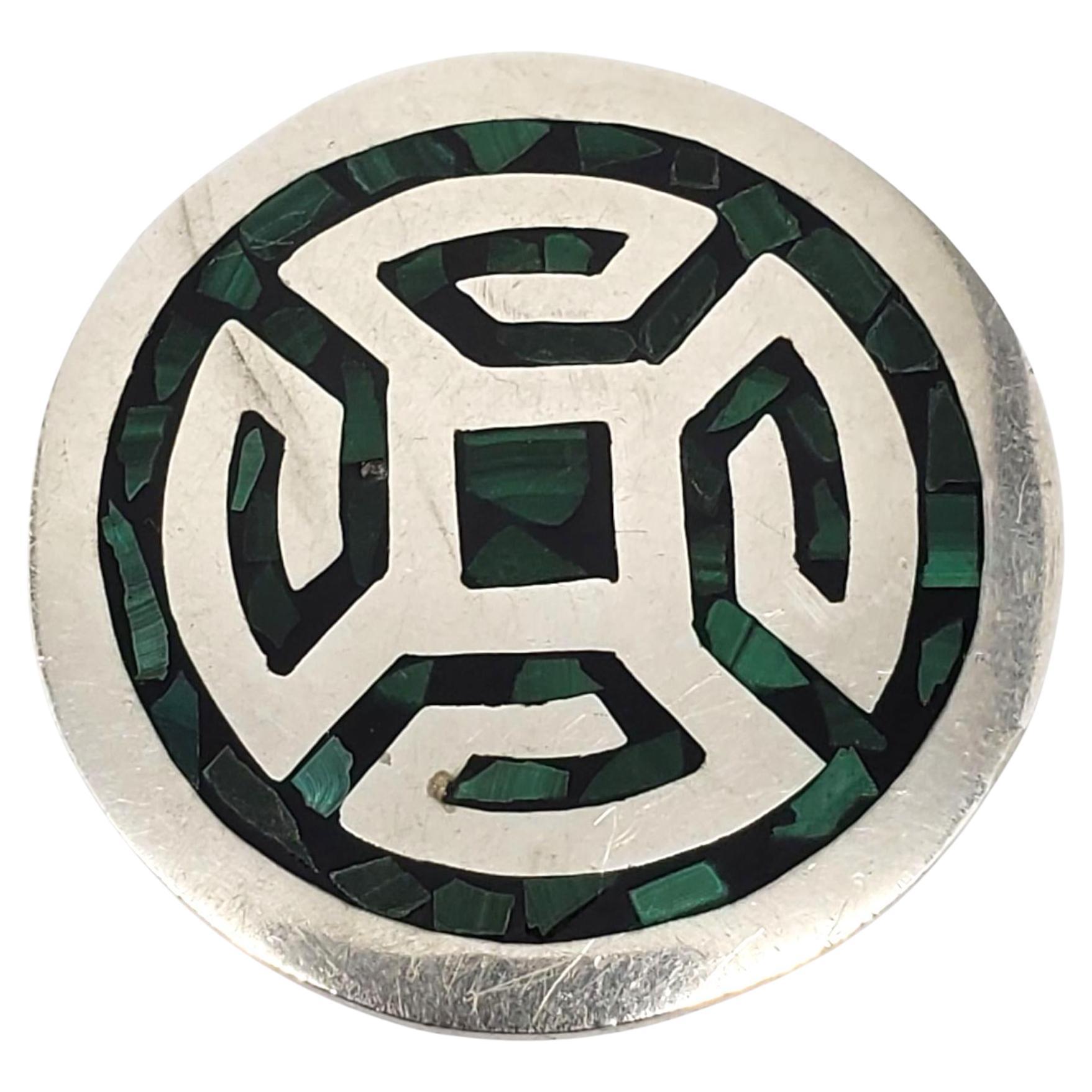 Mexico Sterling Silver Malachite Inlay Pill Box #22637 For Sale