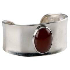 Mexico Sterling Silver Polished Cuff Bracelet with Red Stone, Size 5