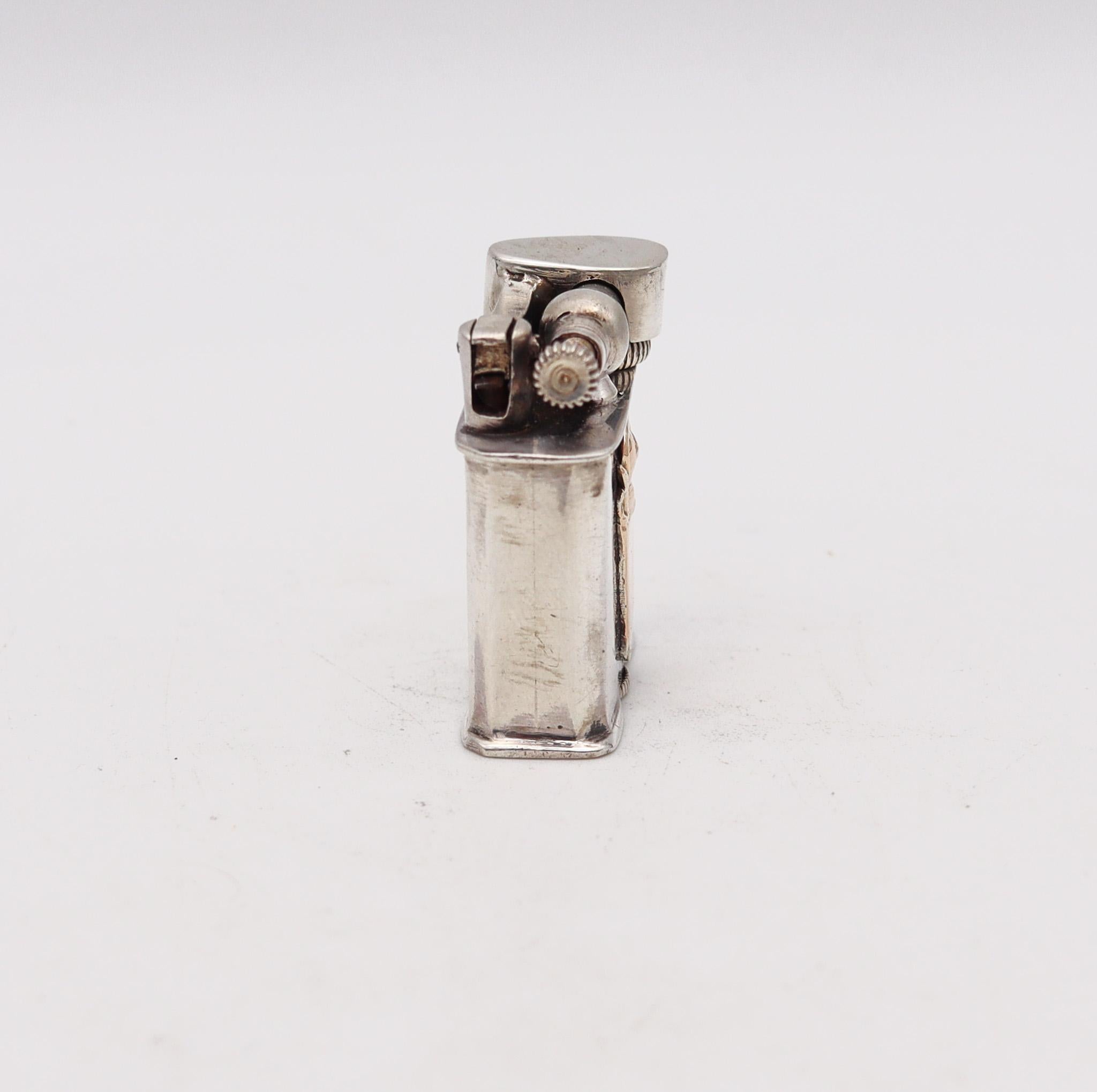 Lift arm petrol lighter made in Mexico

Beautiful vintage lift arm petrol lighter, created in the city of Taxco in Mexico during the late Art Deco period, circa 1940. It was masterfully crafted in solid .925/.999 sterling silver with high polished