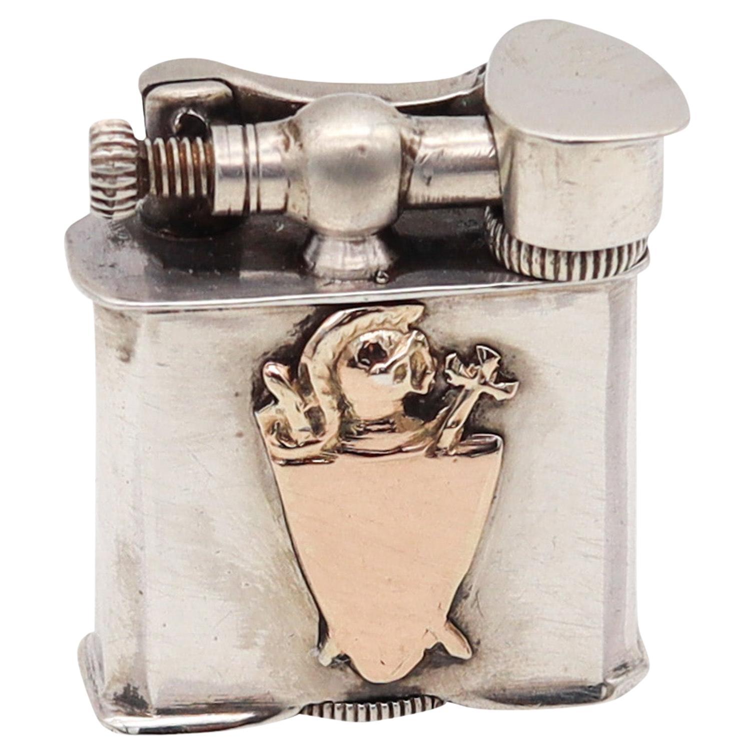 Mexico Taxco 1940 Unique Lift Arm Petrol Lighter In Solid .925 Sterling And Gold For Sale