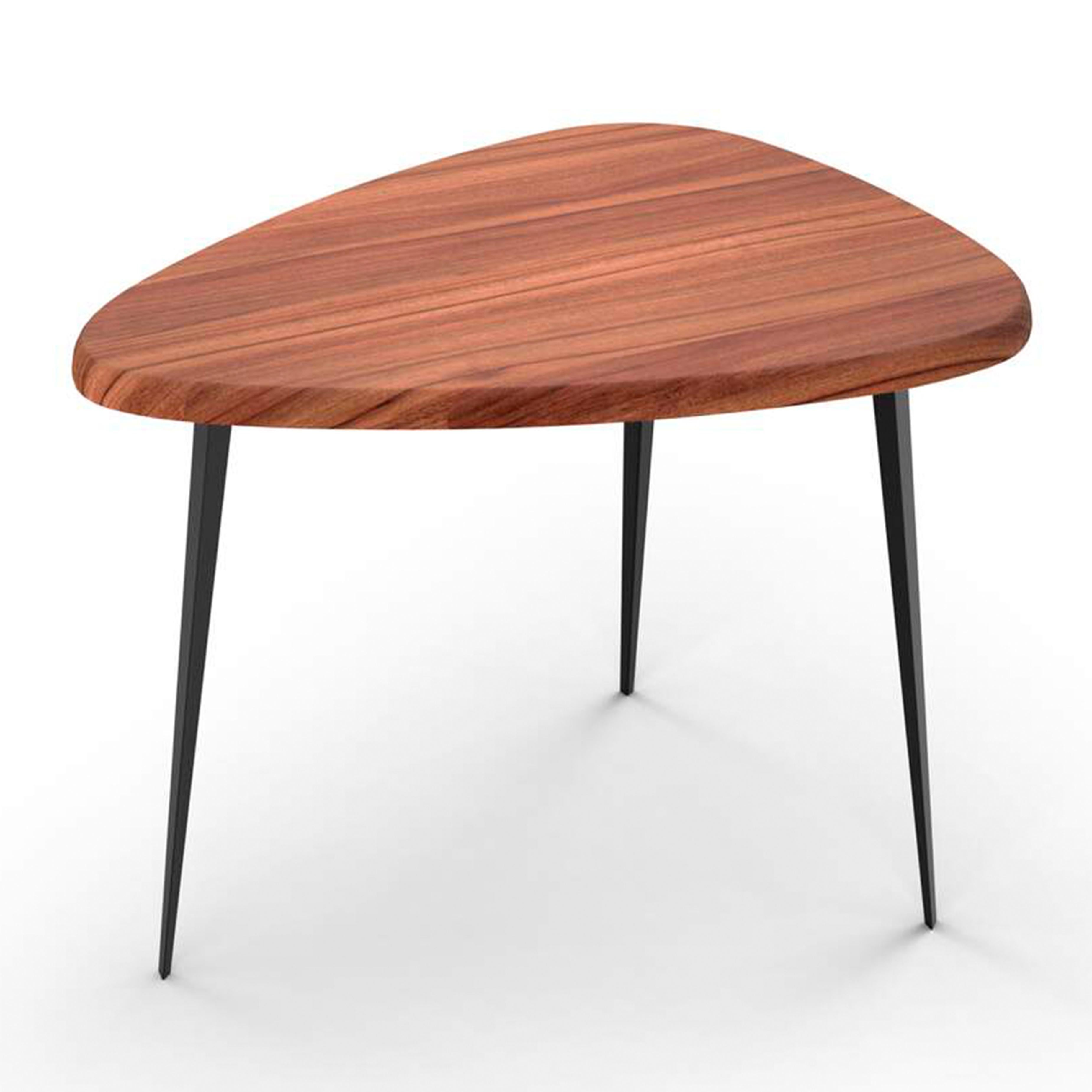 The structure of these bar tables by Charlotte Perriand is designed to occupy as little space as possible. They can be grouped together to furnish lounge bars and waiting rooms. 

The wood top of this bar table is extra thick and is available in