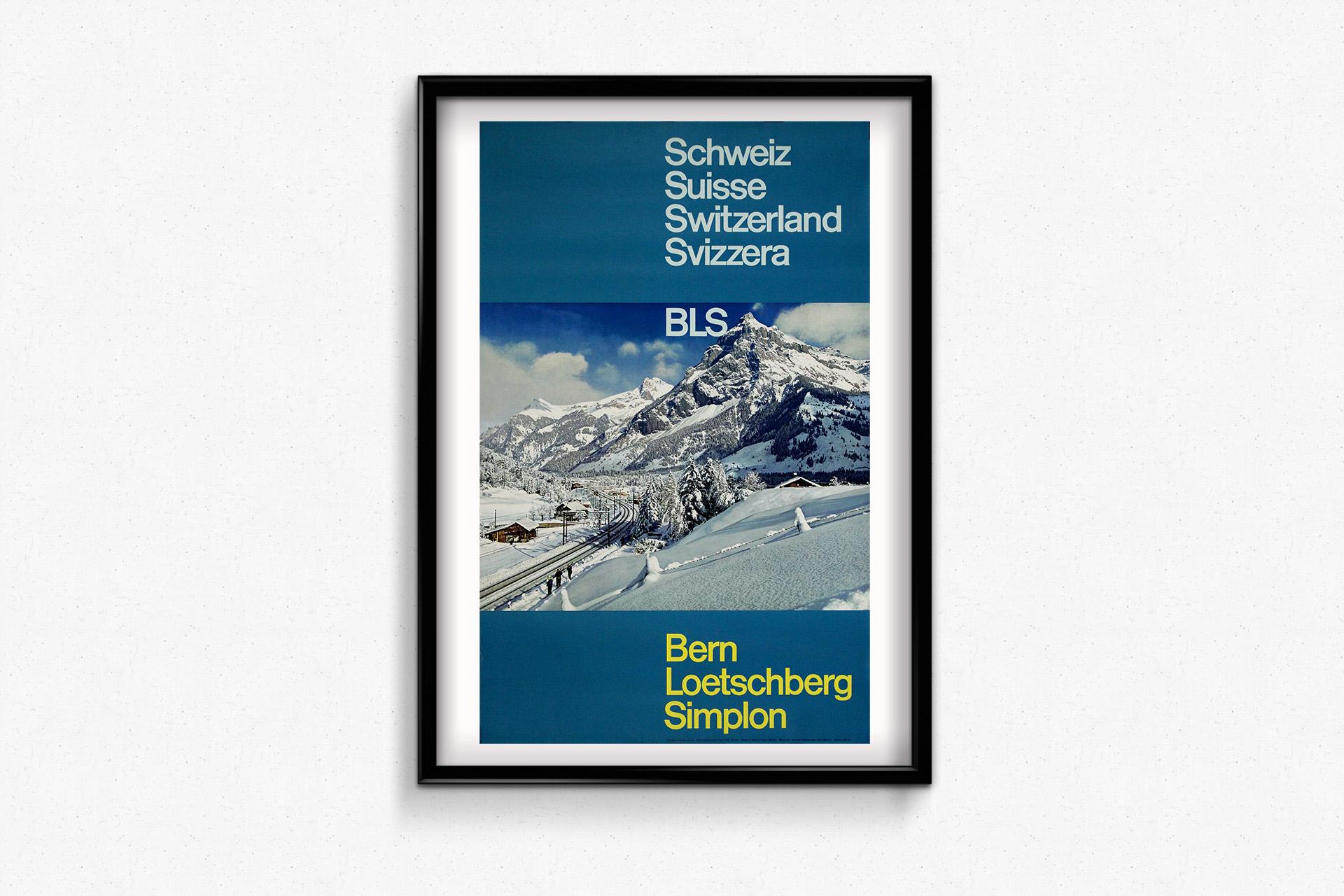 This striking original Swiss travel poster from circa 1970 was designed by Meyer F. and photographed by Berne Henn for BLS (Bern–Loetschberg–Simplon railway), capturing the modern graphic design aesthetic of Swiss National Railways promotional
