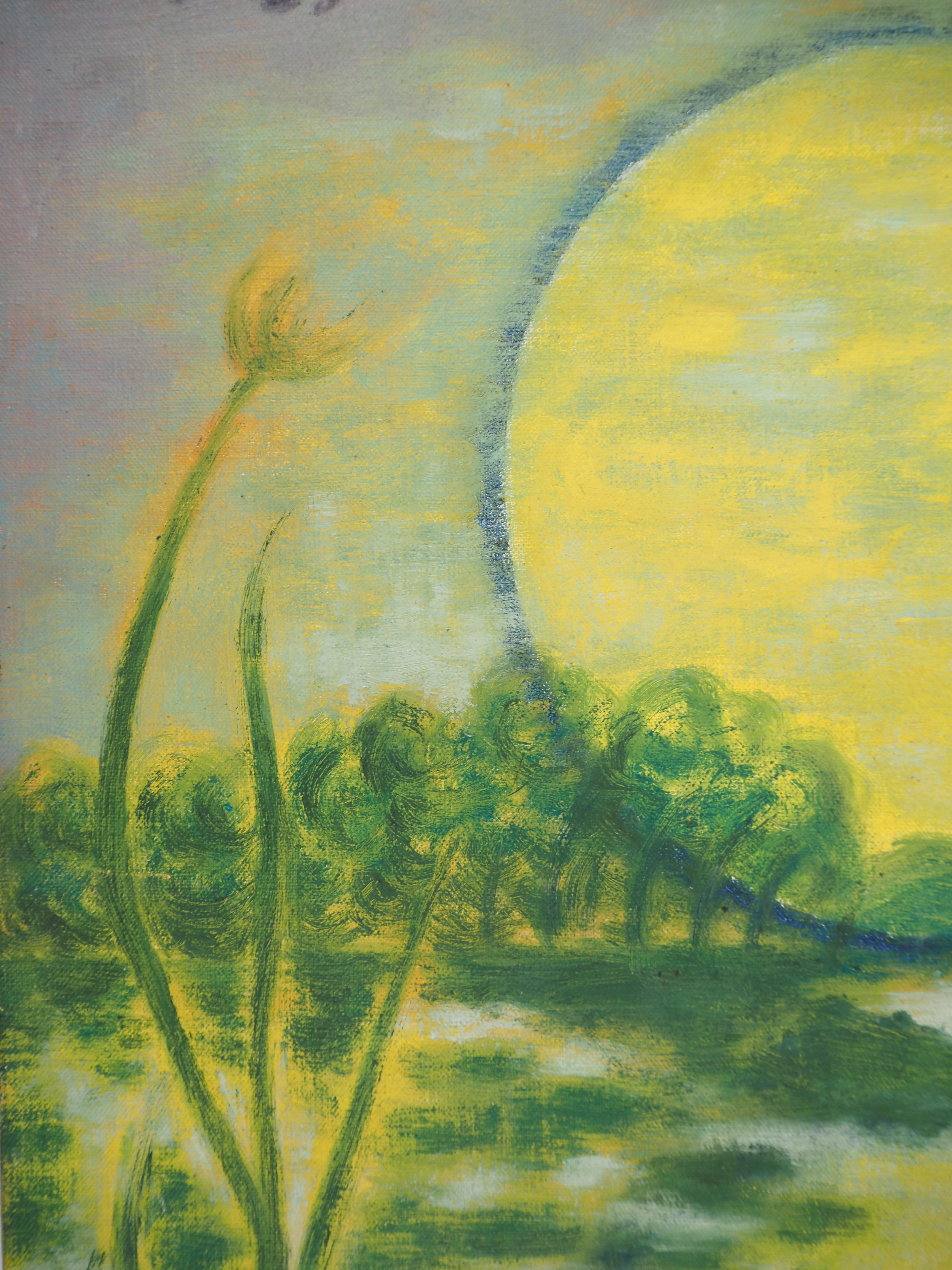 Israel : Sunset on the Lake of Galilee - Original Oil on Canvas, Handsigned For Sale 1