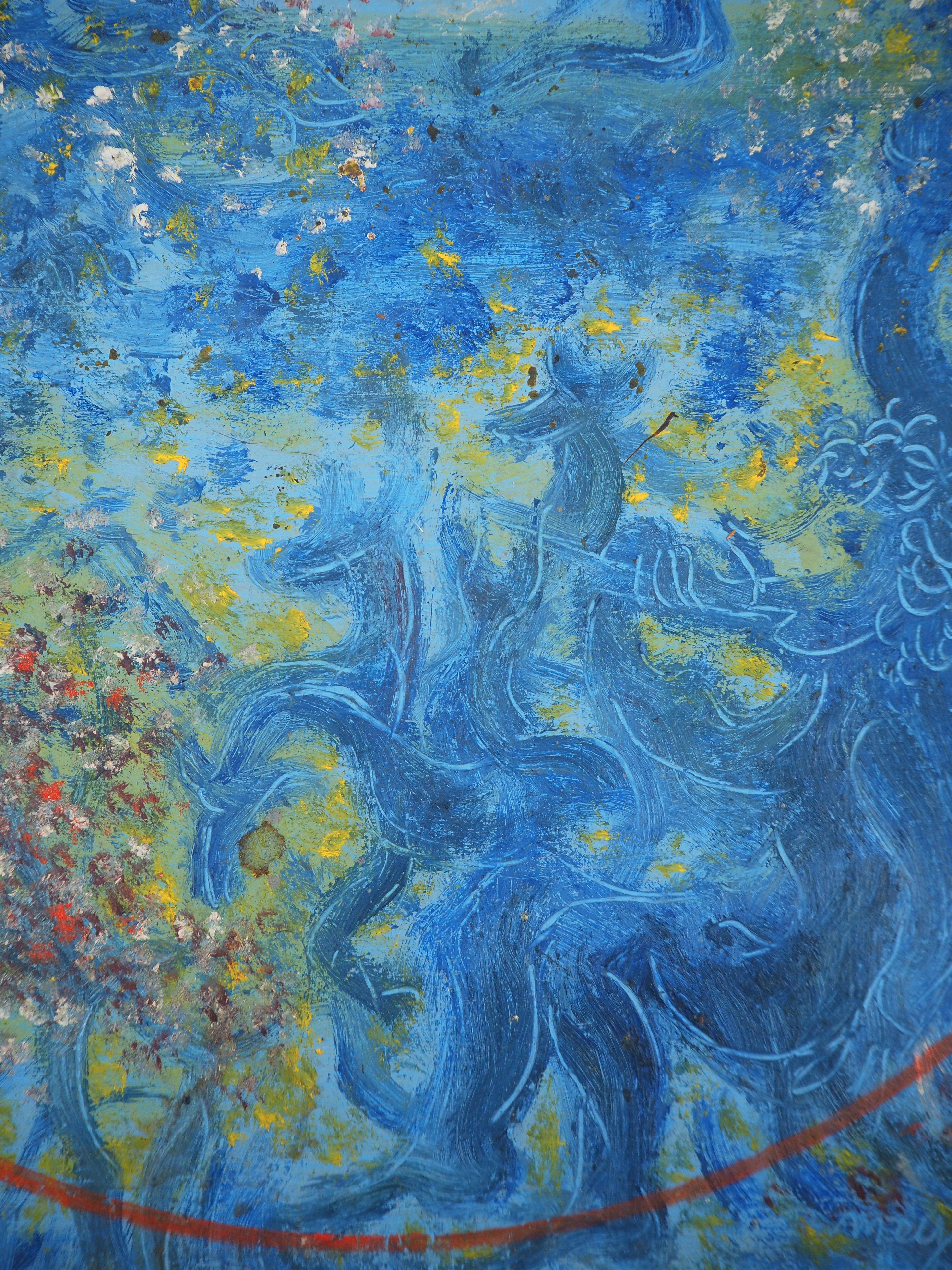 Surrealismus: Der Garten von Eden – Original-Ölgemälde, handsigniert (Blau), Landscape Painting, von Meyer LAZAR