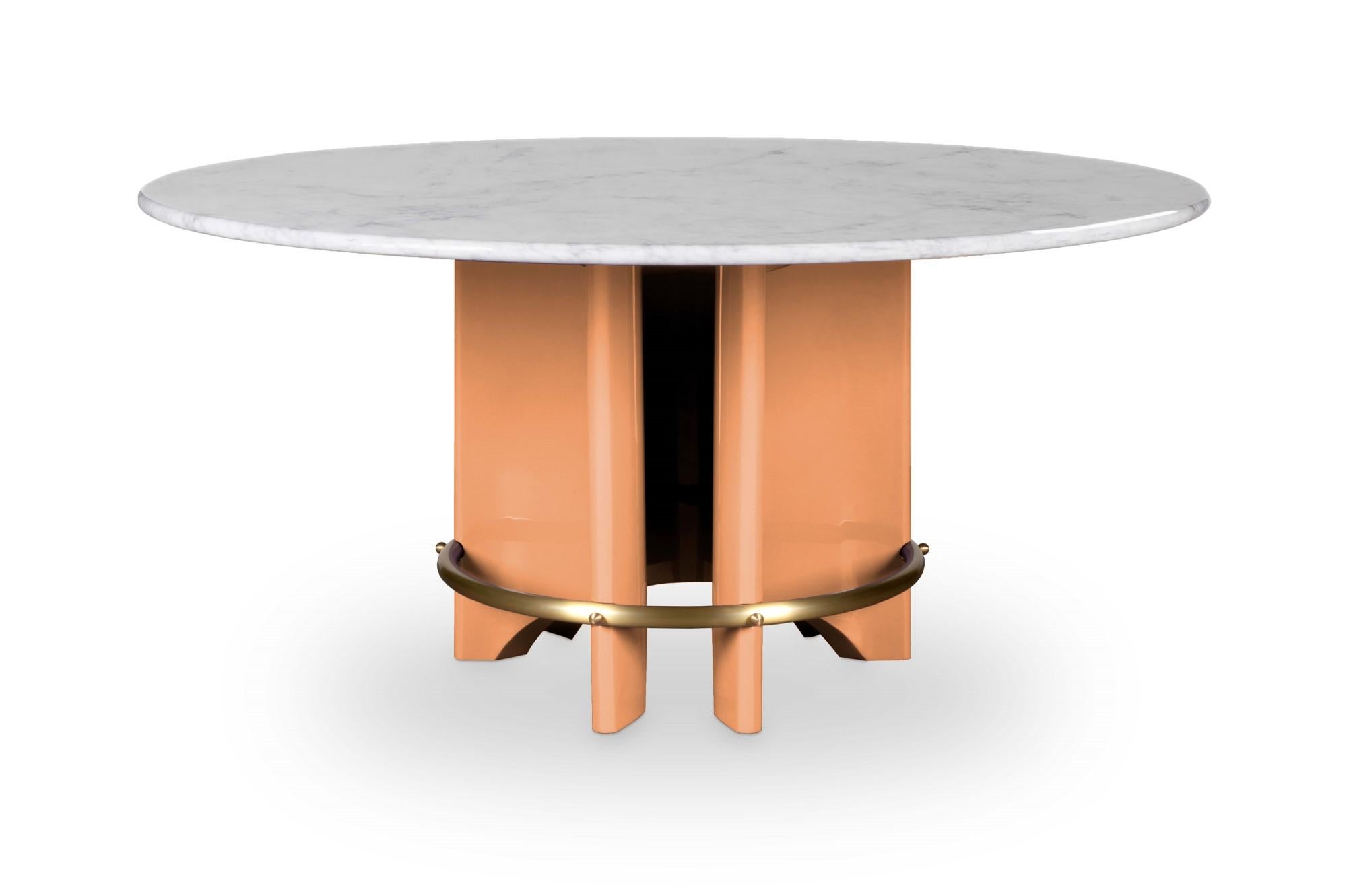 Meyer table by Royal Stranger
Dimensions: D 160 x W 160 x H 75 cm.
Materials: Carrara marble with polished finish, lacquered with glossy finish base, polished brass ring.

Available in:
Table Top: Carrara Marble, Nero Marquina, Estremoz, Rose