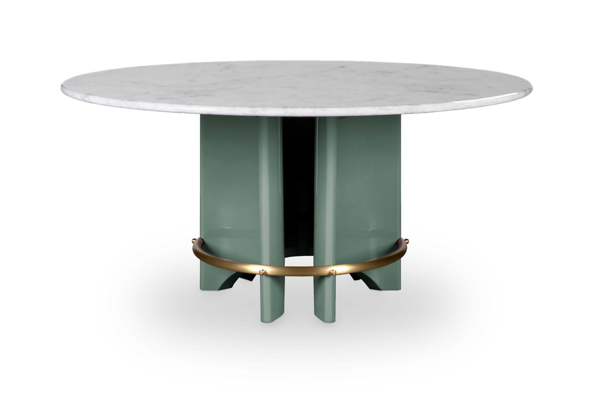 Meyer table by Royal Stranger
Dimensions: D 160 x W 160 x H 75 cm.
Materials: Carrara marble with polished finish, lilac lacquered with glossy finish base, brushed brass ring.

Available in:
Table Top: Carrara Marble, Nero Marquina, Estremoz, Rose