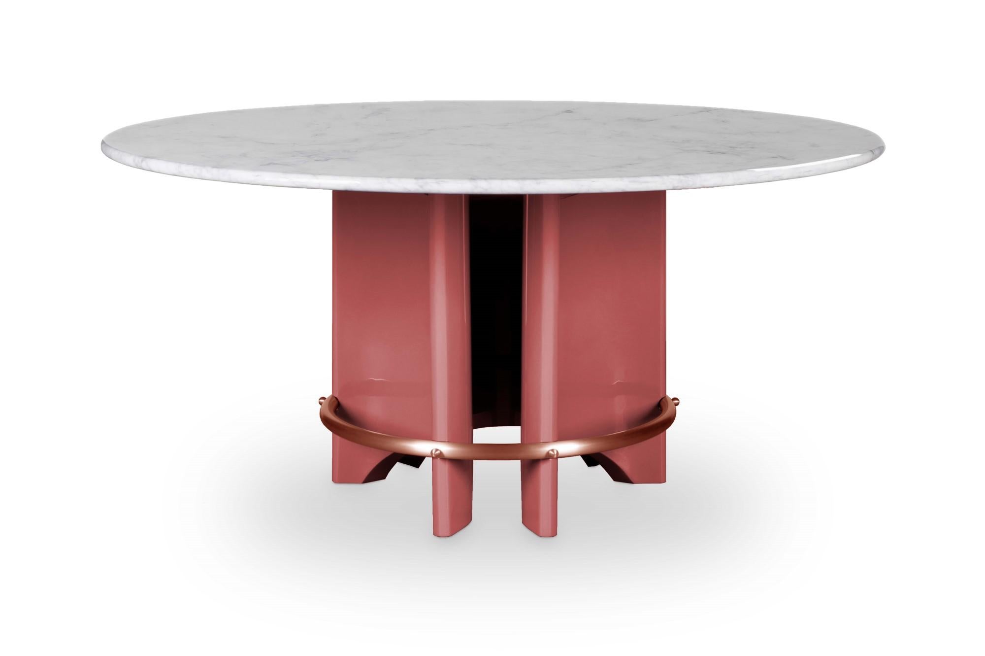 Meyer table by Royal Stranger
Dimensions: D 160 x W 160 x H 75 cm.
Materials: Carrara marble with polished finish, lacquered with glossy finish base, copper ring.

Available in:
Table Top: Carrara Marble, Nero Marquina, Estremoz, Rose Estremoz,