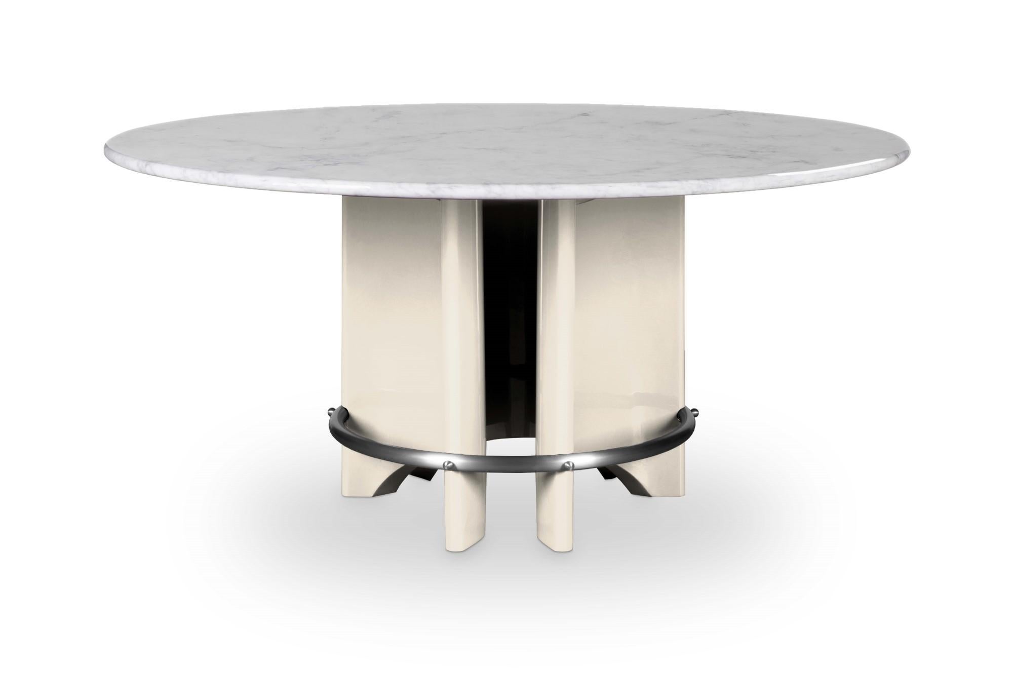 Meyer table by Royal Stranger
Dimensions: D 160 x W 160 x H 75 cm.
Materials: Carrara marble with polished finish, lacquered with glossy finish base, stainless steel ring.

Available in:
Table Top: Carrara Marble, Nero Marquina, Estremoz, Rose