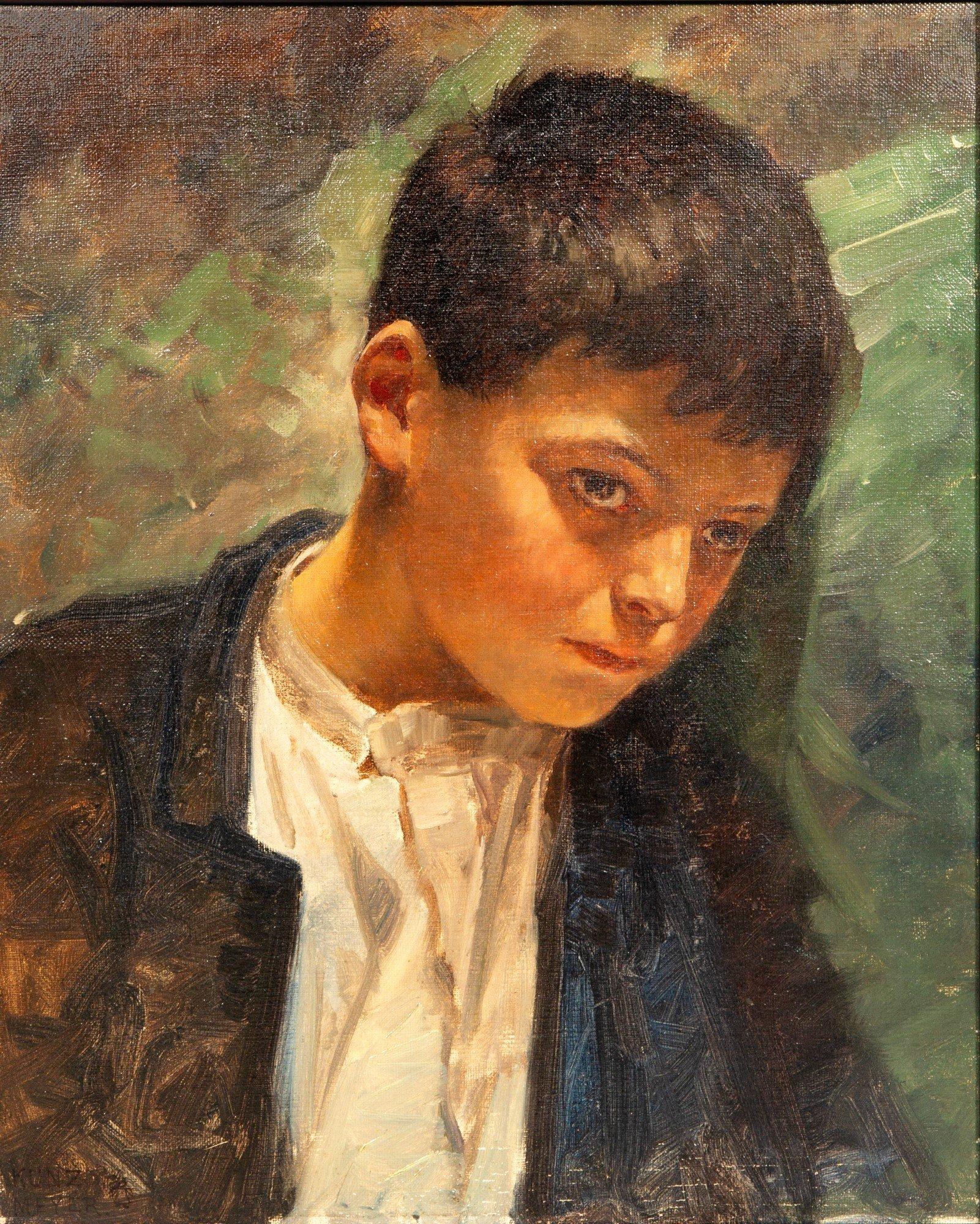 Study head of nostalgia, portrait of a melancholy-looking boy in a white shirt For Sale 6