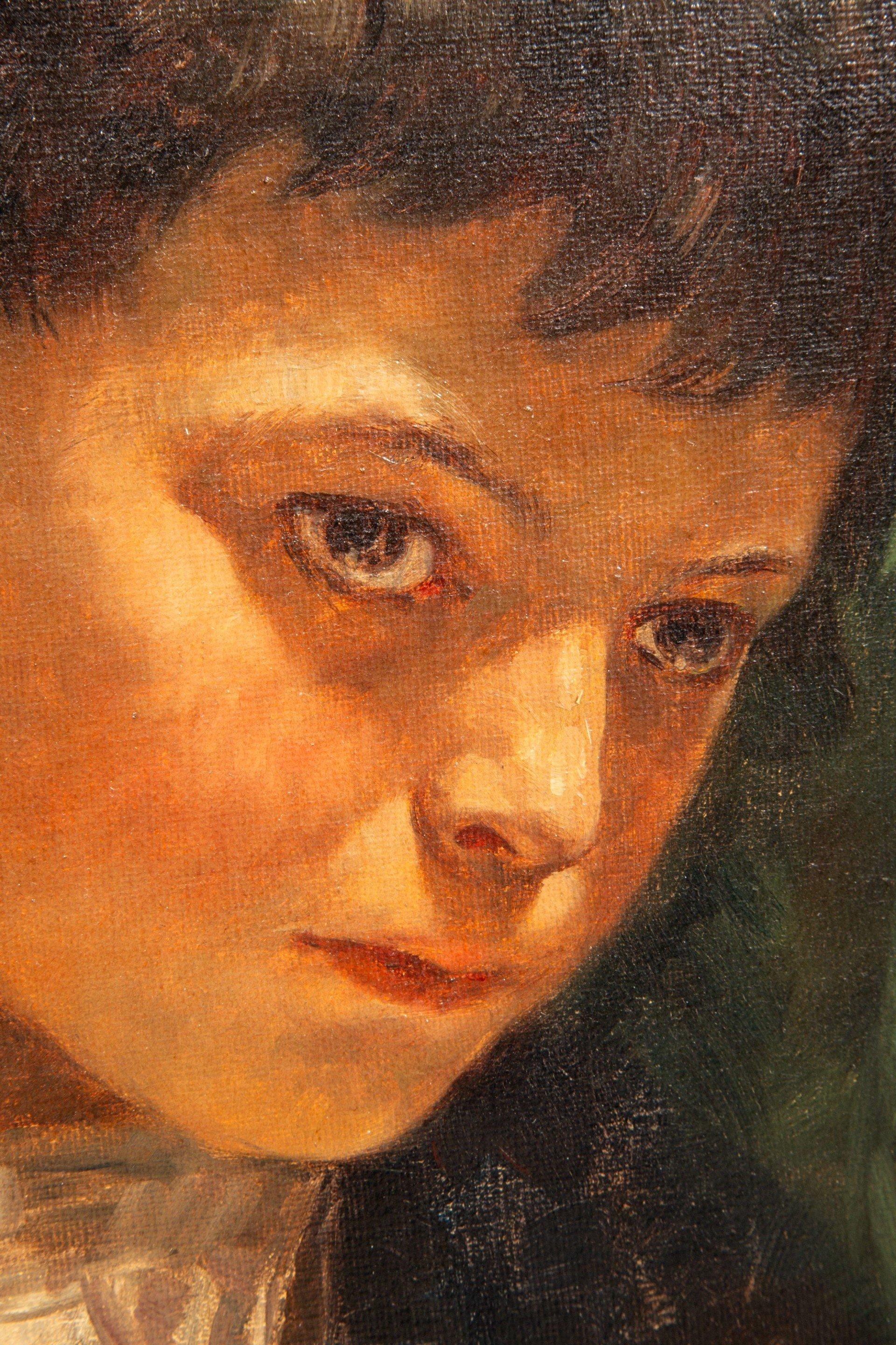 Study head of nostalgia, portrait of a melancholy-looking boy in a white shirt - Painting by  Meyer-Waldeck Kunz