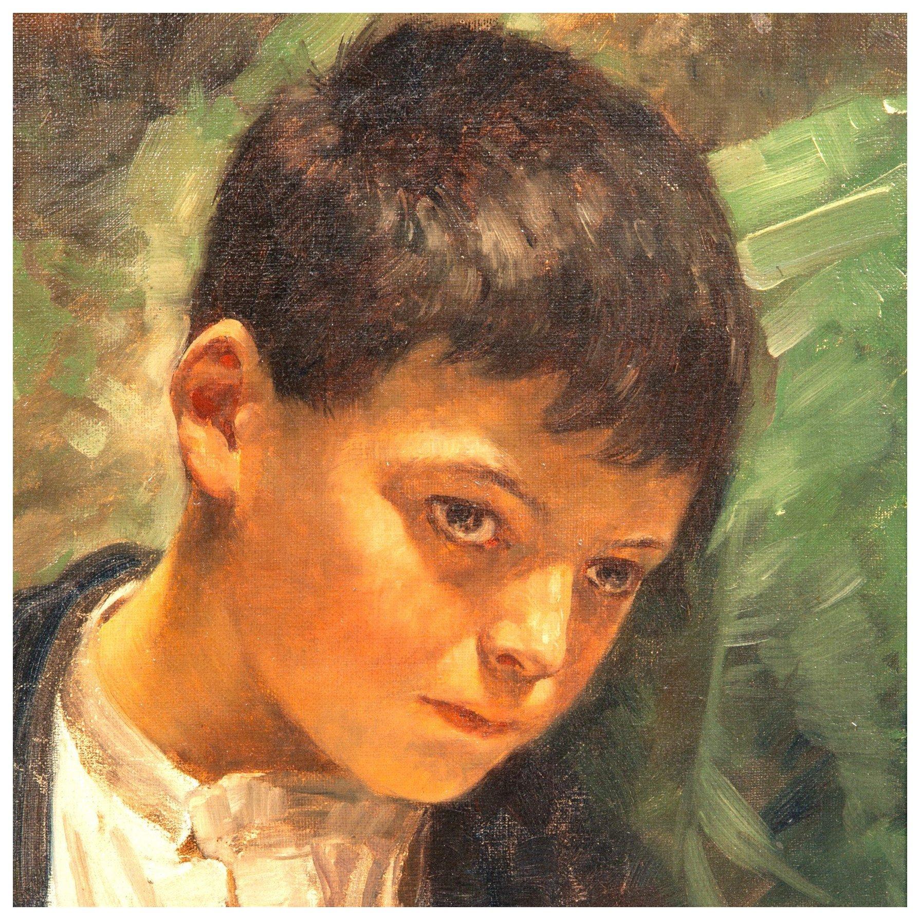 Study head of nostalgia, portrait of a melancholy-looking boy in a white shirt For Sale 1