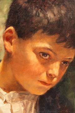 Vintage Study head of nostalgia, portrait of a melancholy-looking boy in a white shirt