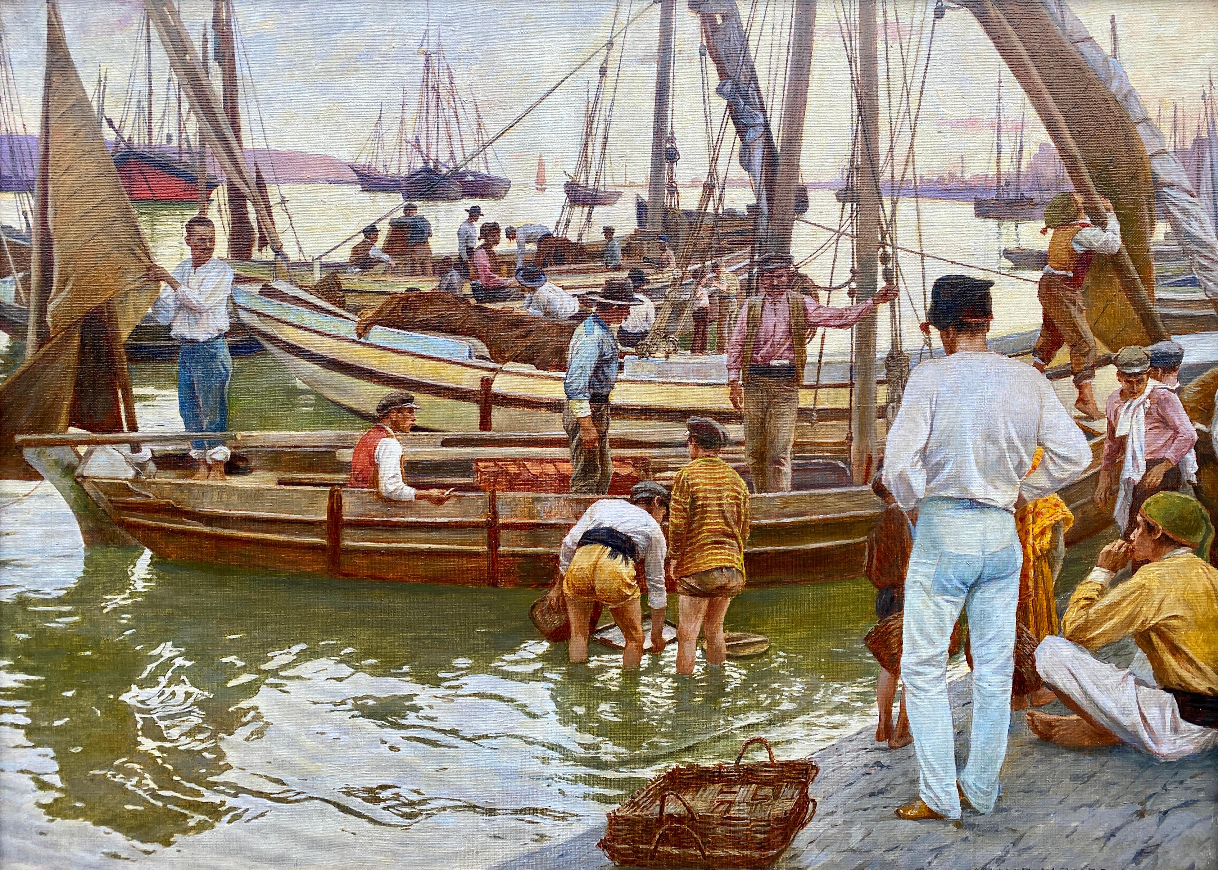 Kunz Meyer-Waldeck, 1859 –1953, Fishermen Boats in Harbour of Cascais, Portugal - Painting by Meyer-Waldeck Kunz