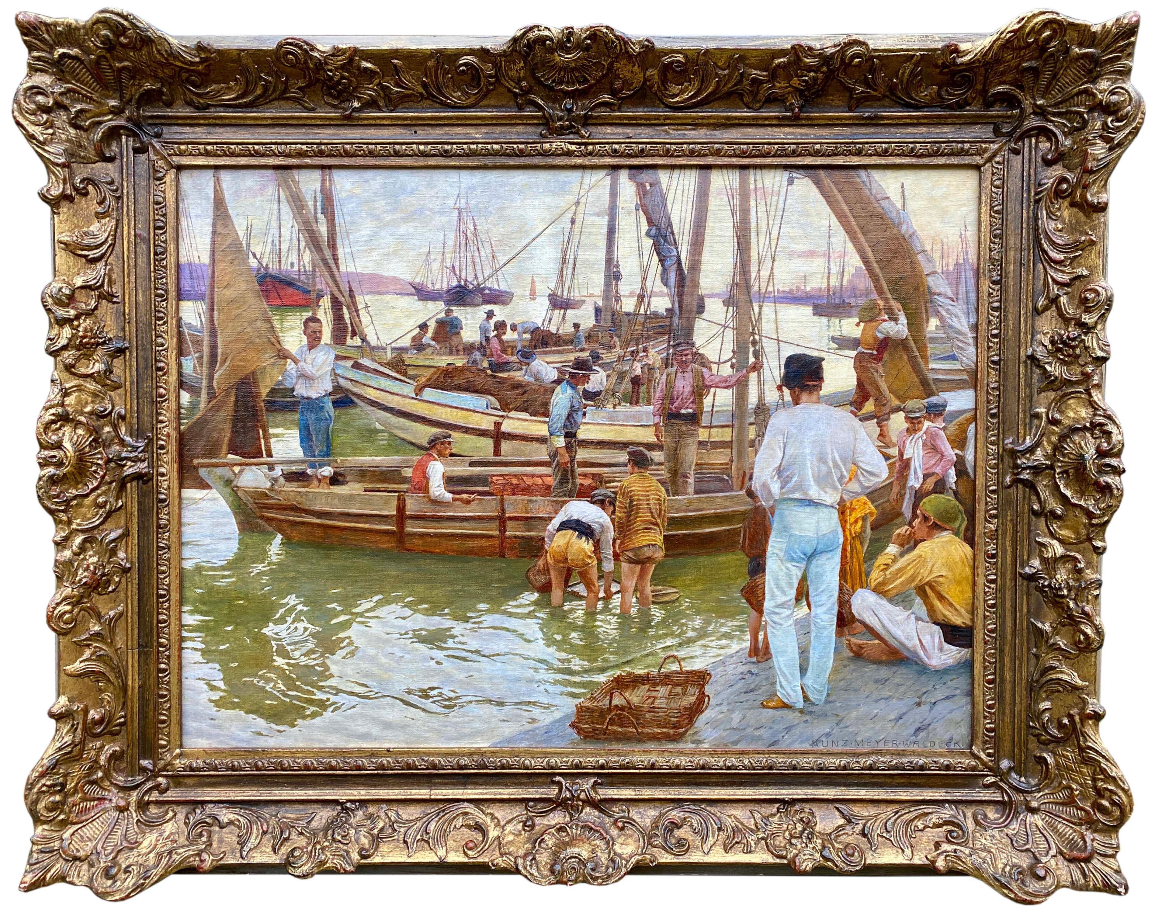 Meyer-Waldeck Kunz Landscape Painting - Kunz Meyer-Waldeck, 1859 –1953, Fishermen Boats in Harbour of Cascais, Portugal