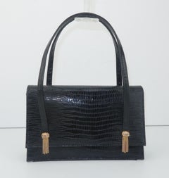 Meyers Black Lizard Embossed Leather Handbag With Chain Tassels, C.1960