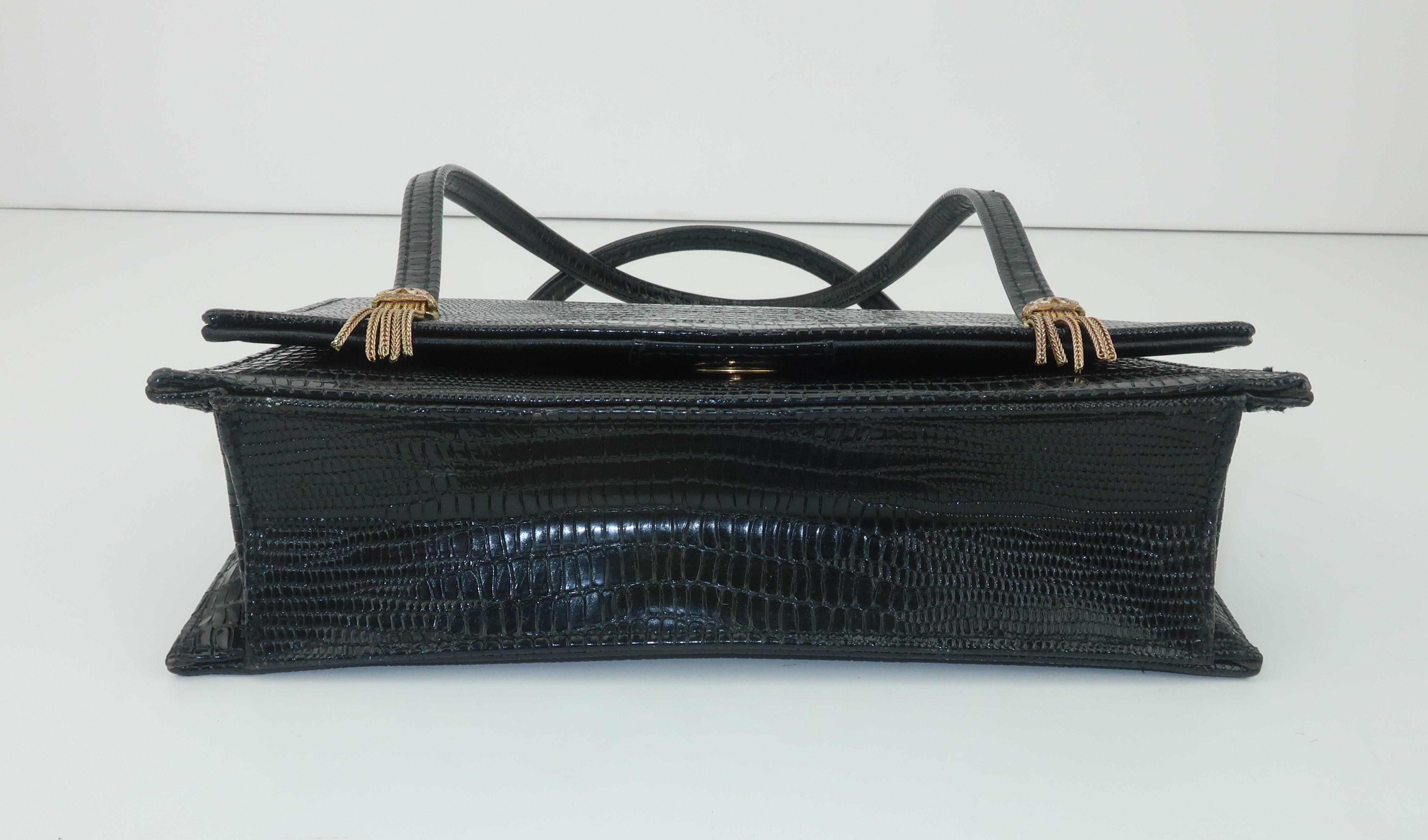 Meyers Black Lizard Embossed Leather Handbag With Chain Tassels, C.1960 In Good Condition In Atlanta, GA