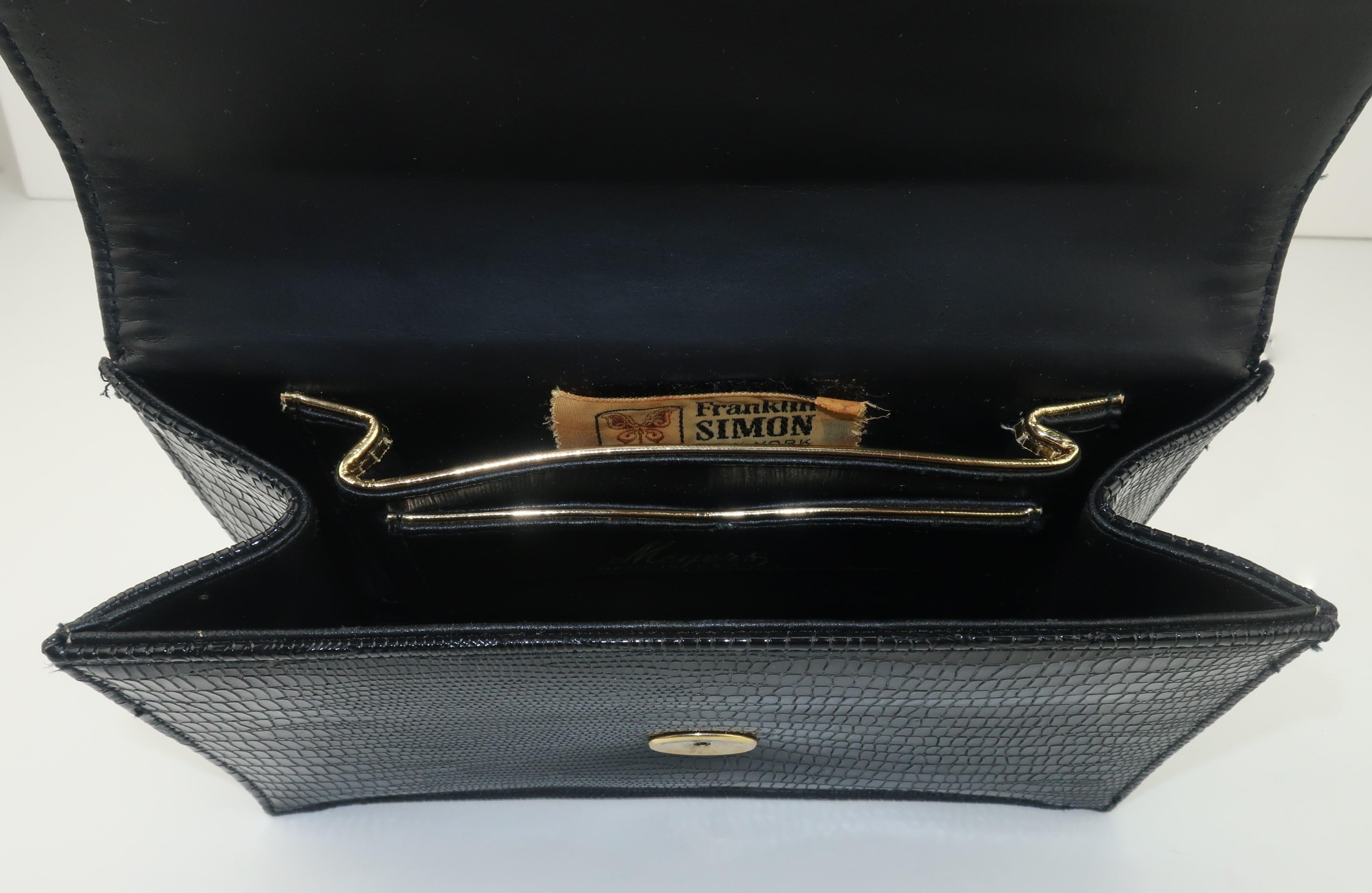 Women's Meyers Black Lizard Embossed Leather Handbag With Chain Tassels, C.1960
