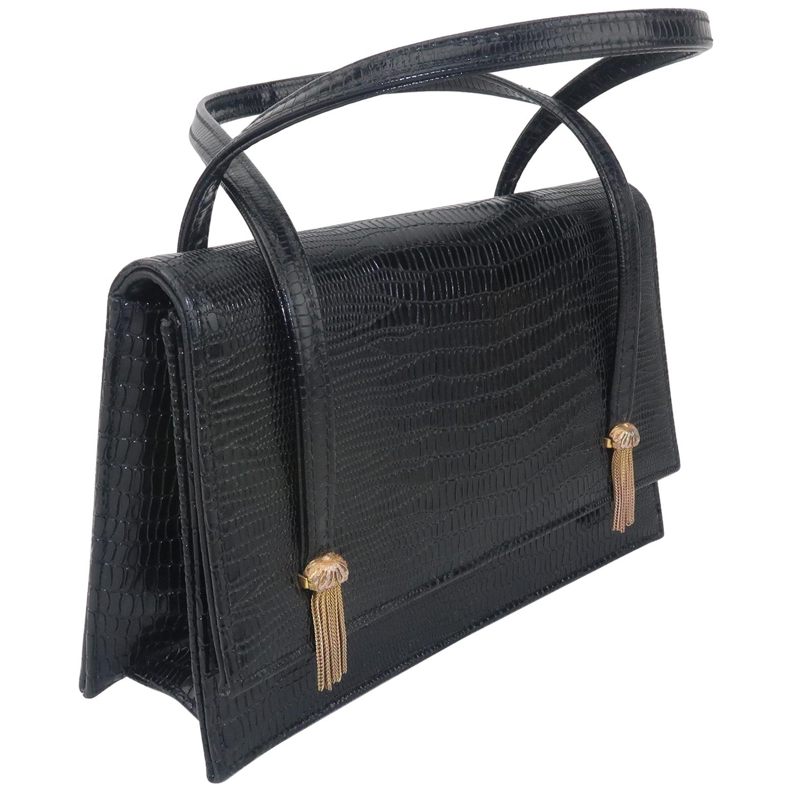 Meyers Black Lizard Embossed Leather Handbag With Chain Tassels, C.1960