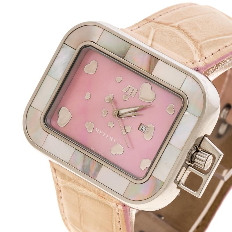 This splendid creation from Meyers will be a fine addition to your watch collection. Designed to impress, the Quartz watch has been crafted from stainless steel and held by leather straps. It is enhanced with Mother of Pearl and on the pink dial,