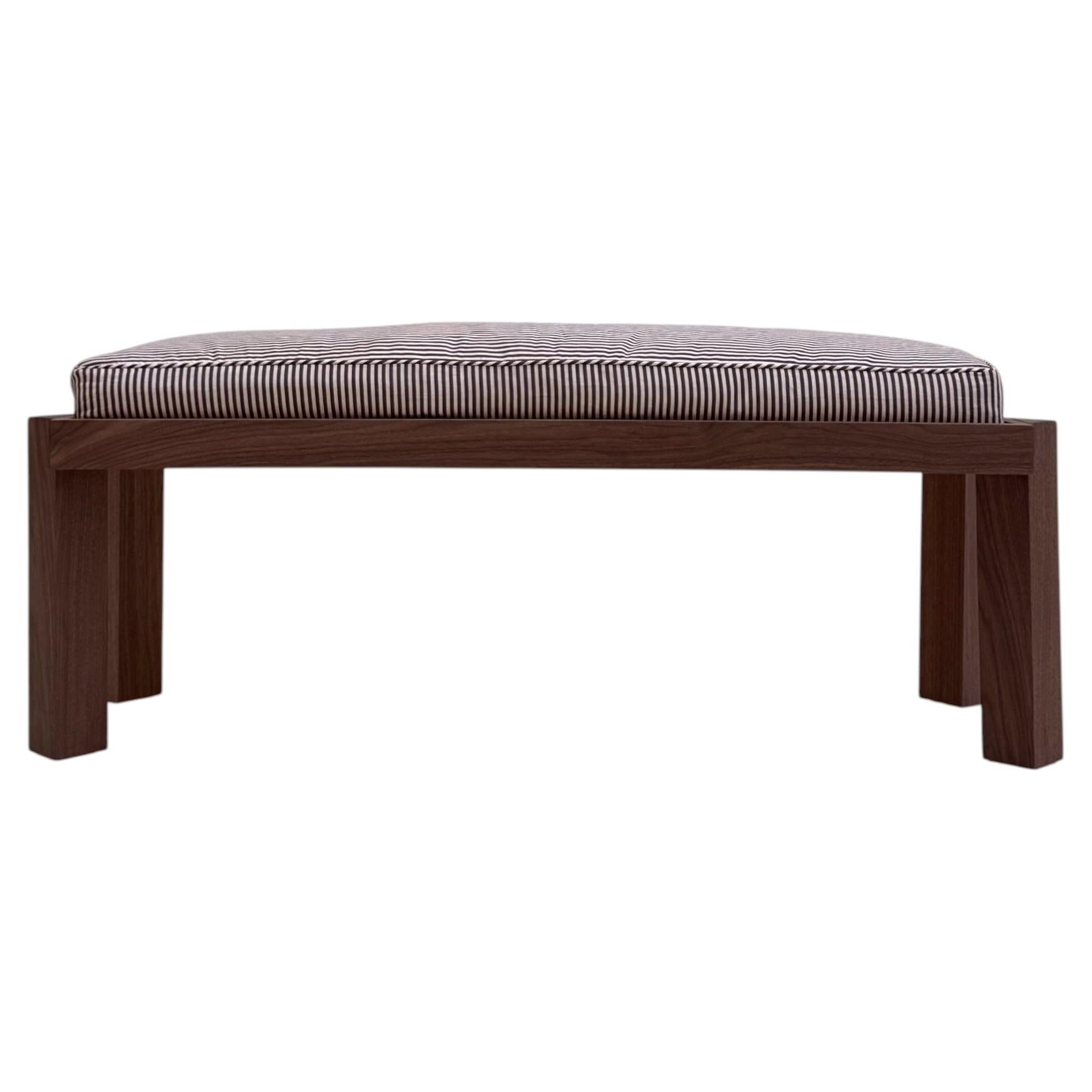 Meyette Contemporary 4ft Solid Walnut Upholstered Bench in Plum Stripe For Sale
