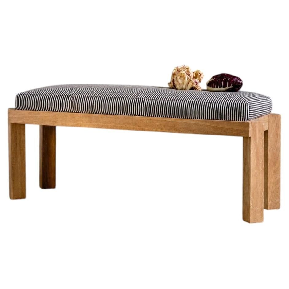 Meyette Contemporary 4ft Solid White Oak Upholstered Bench in Black Stripe For Sale