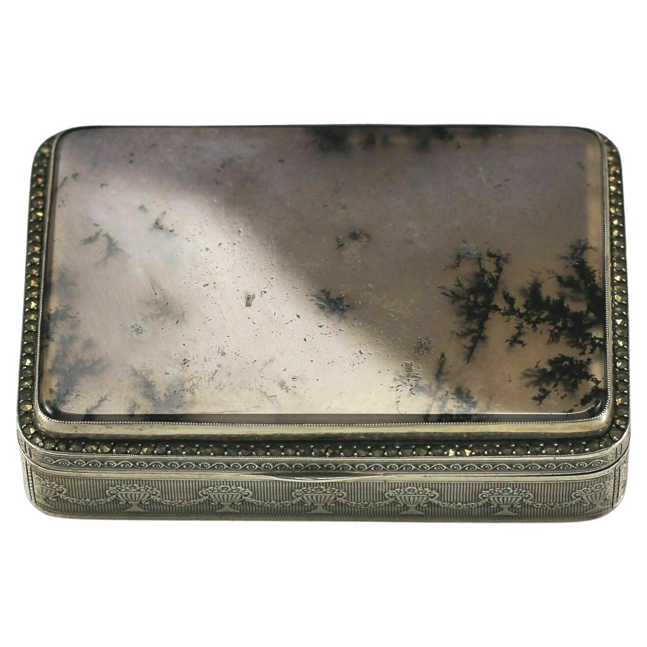 Meyle and Mayer German Sterling Silver Tobacco Box with Quartz / Stone, C1900 For Sale