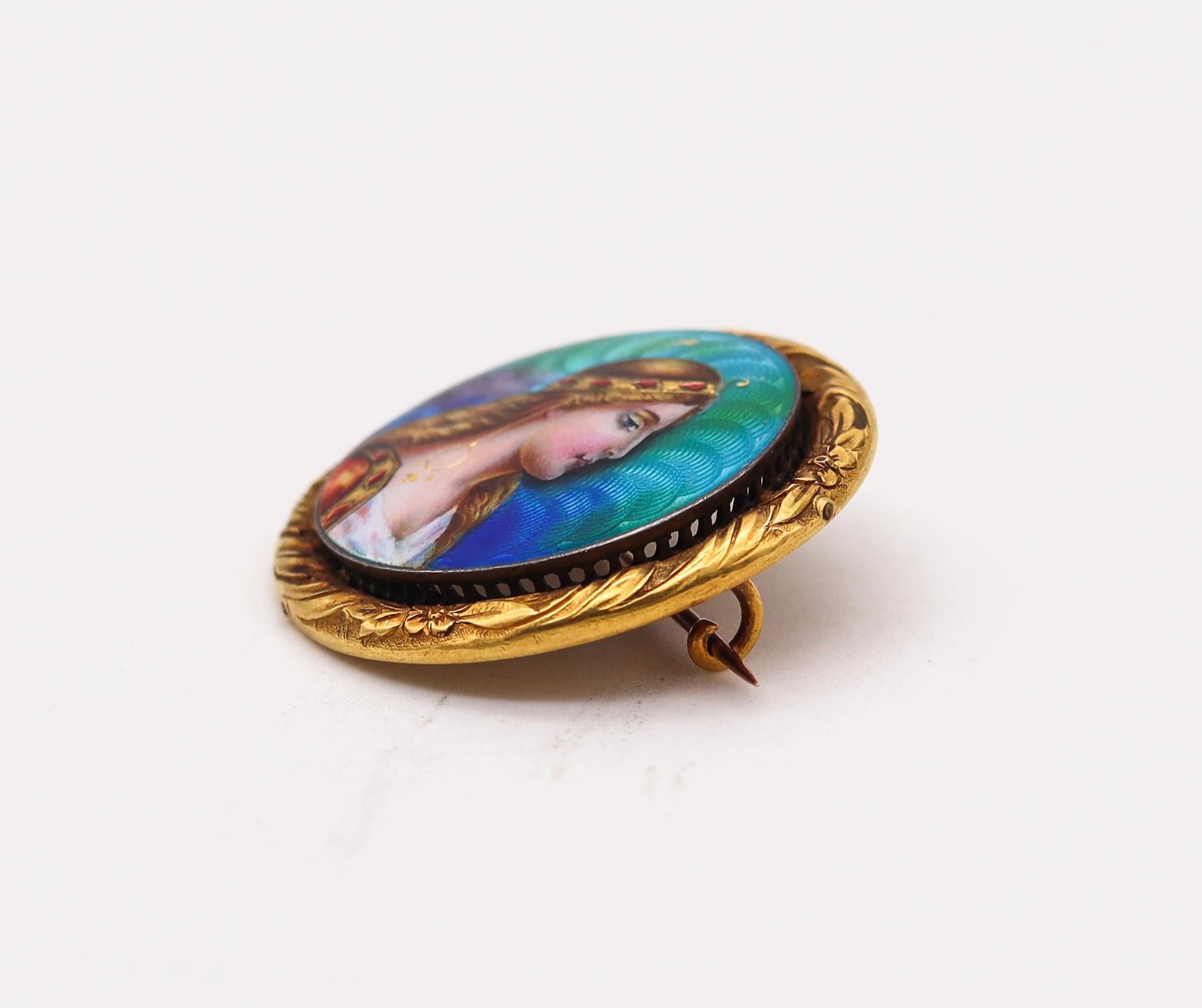 Meyle & Mayer 1895 German Art Nouveau Enameled Brooch with Diana in 18Kt Gold  In Good Condition For Sale In Miami, FL
