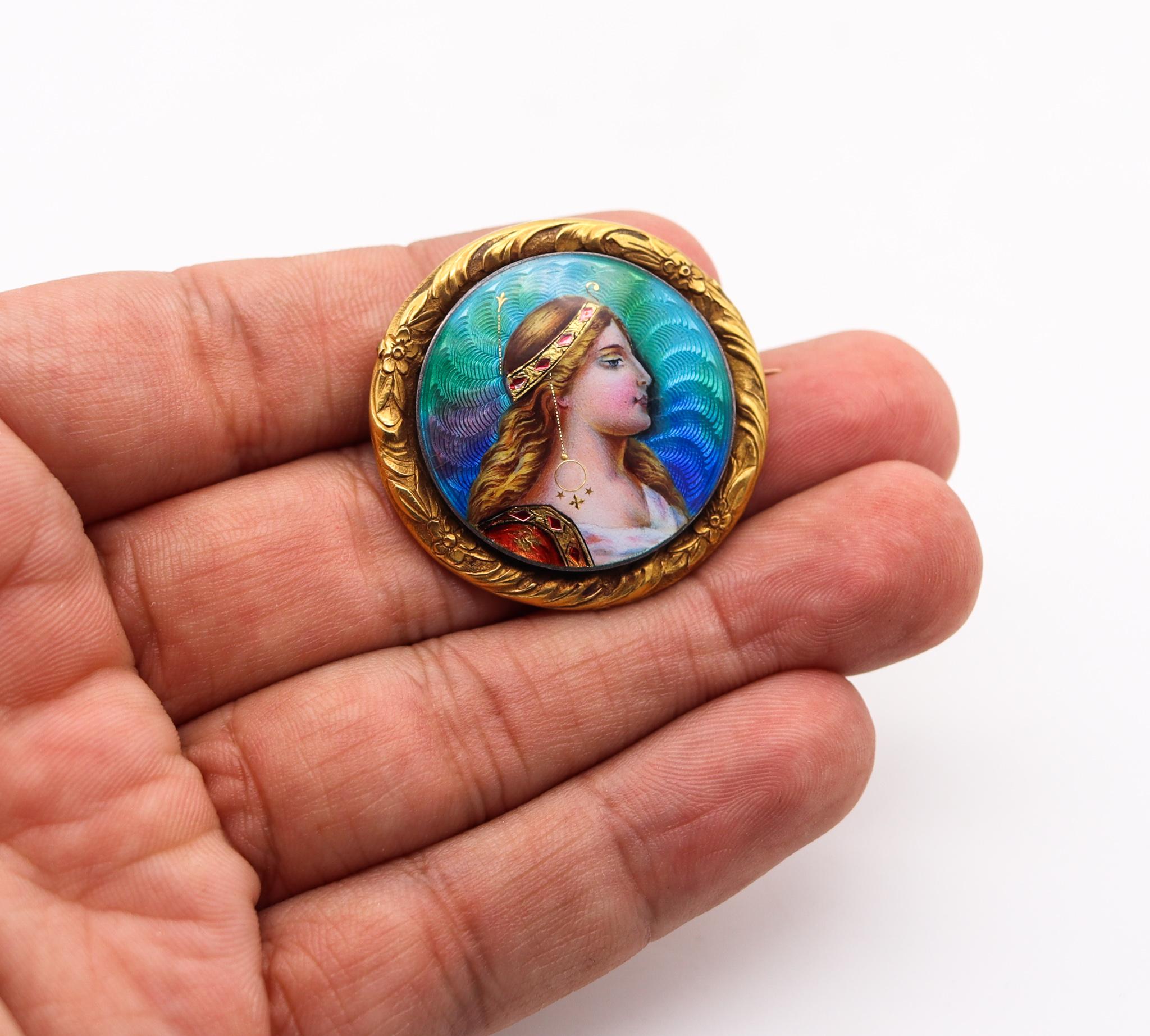 Women's or Men's Meyle & Mayer 1895 German Art Nouveau Enameled Brooch with Diana in 18Kt Gold  For Sale