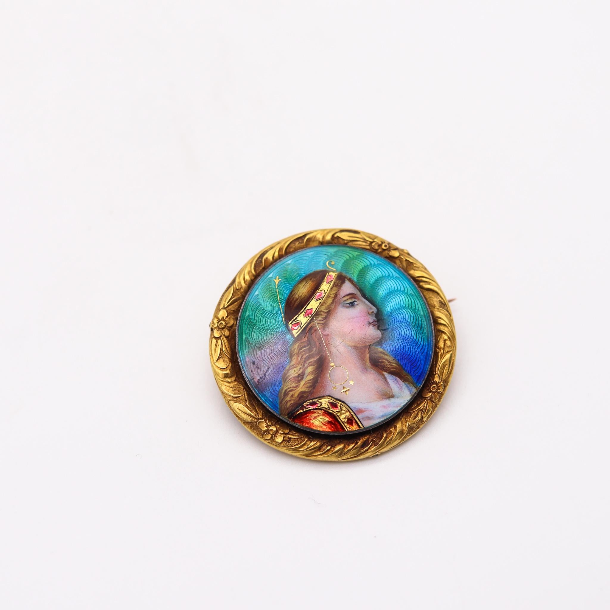 Meyle & Mayer 1895 German Art Nouveau Enameled Brooch with Diana in 18Kt Gold  For Sale 2