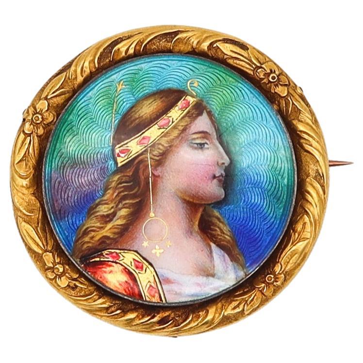 Meyle & Mayer 1895 German Art Nouveau Enameled Brooch with Diana in 18Kt Gold  For Sale