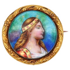Antique Meyle & Mayer 1895 German Art Nouveau Enameled Brooch with Diana in 18Kt Gold 