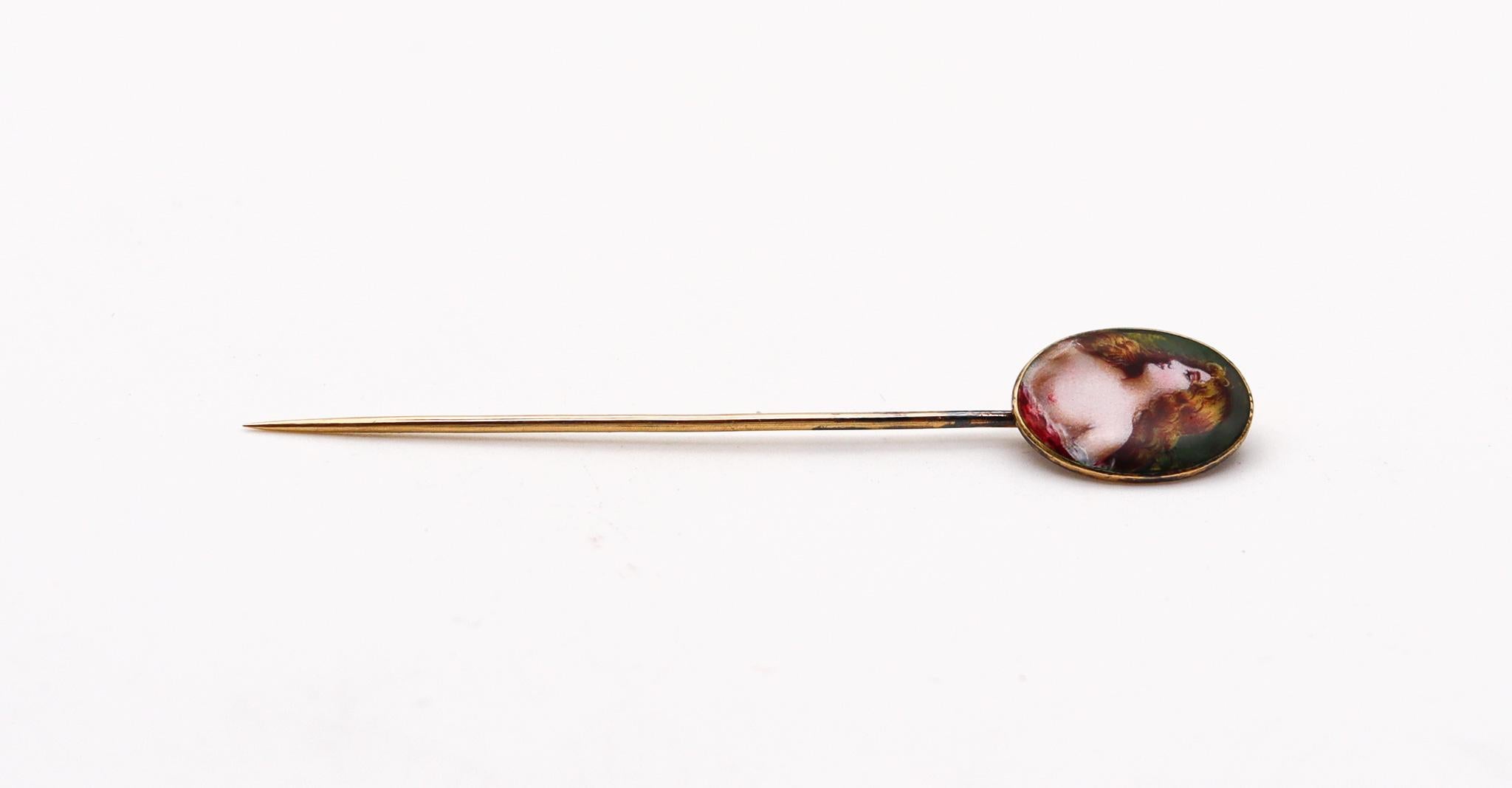 Meyle & Mayer 1900 Art Nouveau Enamel Stick Pin In 18Kt Yellow Gold In Excellent Condition For Sale In Miami, FL