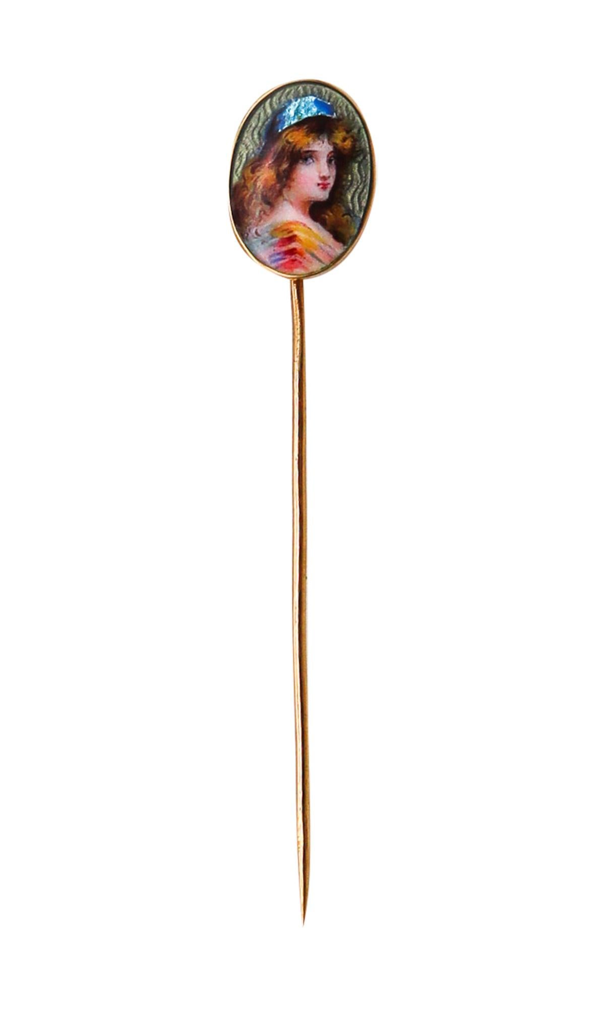 Meyle & Mayer 1900 Art Nouveau Guilloche Enamel Stick Pin In 18Kt Yellow Gold In Excellent Condition For Sale In Miami, FL