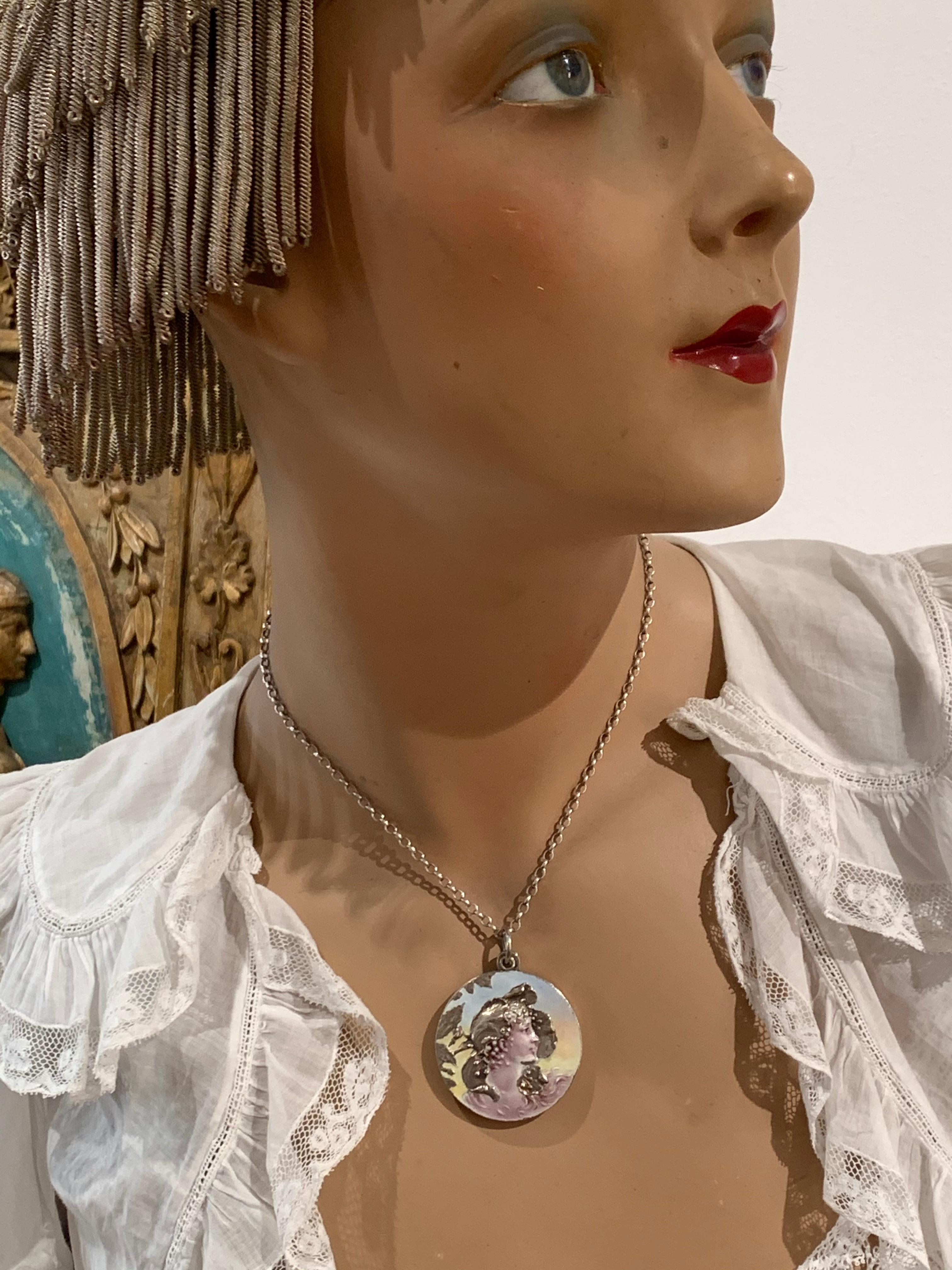 Meyle & Mayer Art Nouveau Fairy Girl Poppy Flower Locket Pendant Silver Enamel 1