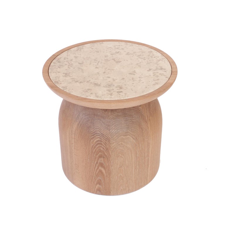 The contemporary Mezcalito Gordo side table is one of a collection of three side tables. Each one with a different geometrically shaped based. They are constructed with the same techniques used for creating wooden masts, with eight pieces of wood