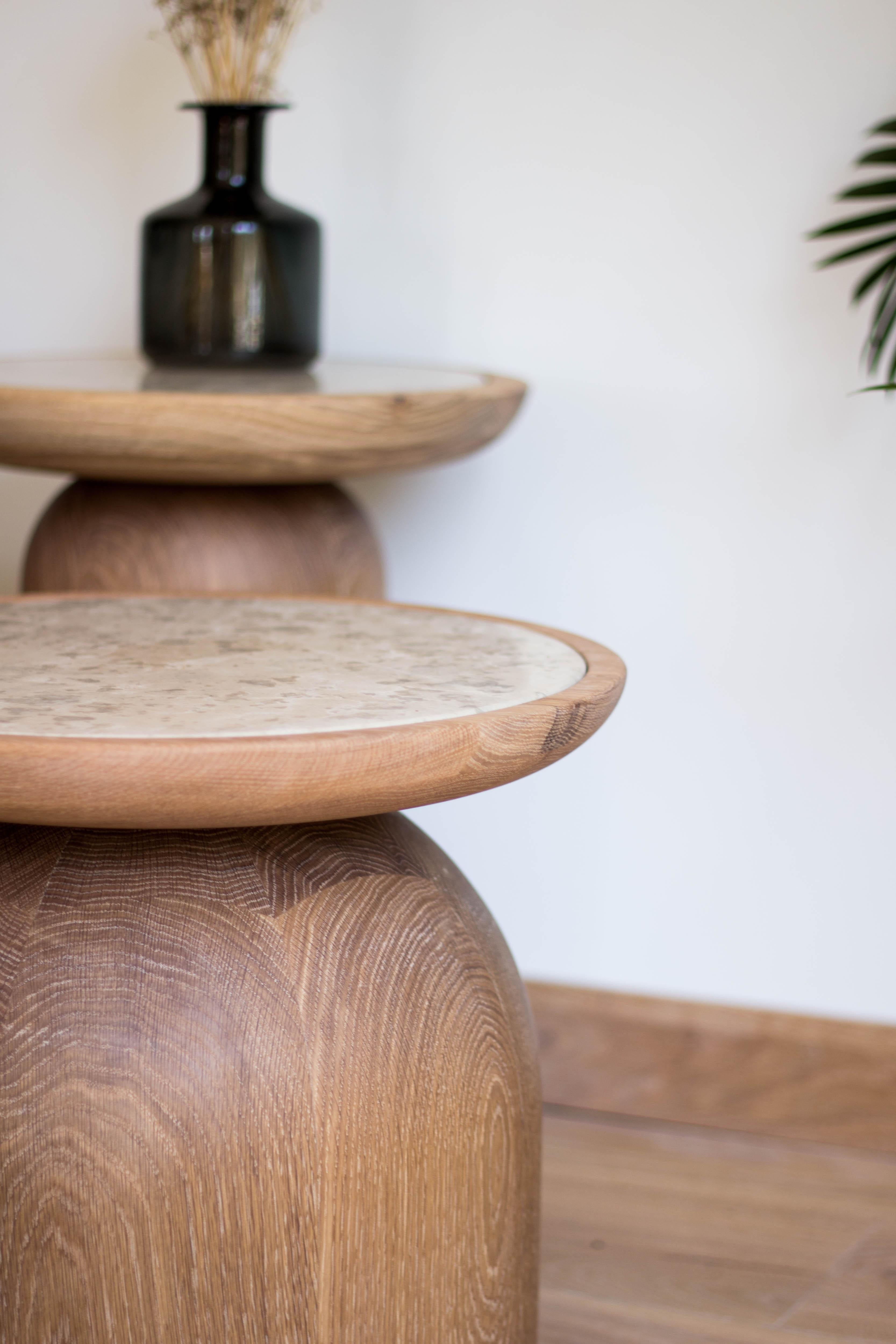 Turned Mezcalito Gordo, Contemporary White Oak Limestone Side Table by SinCa Design For Sale