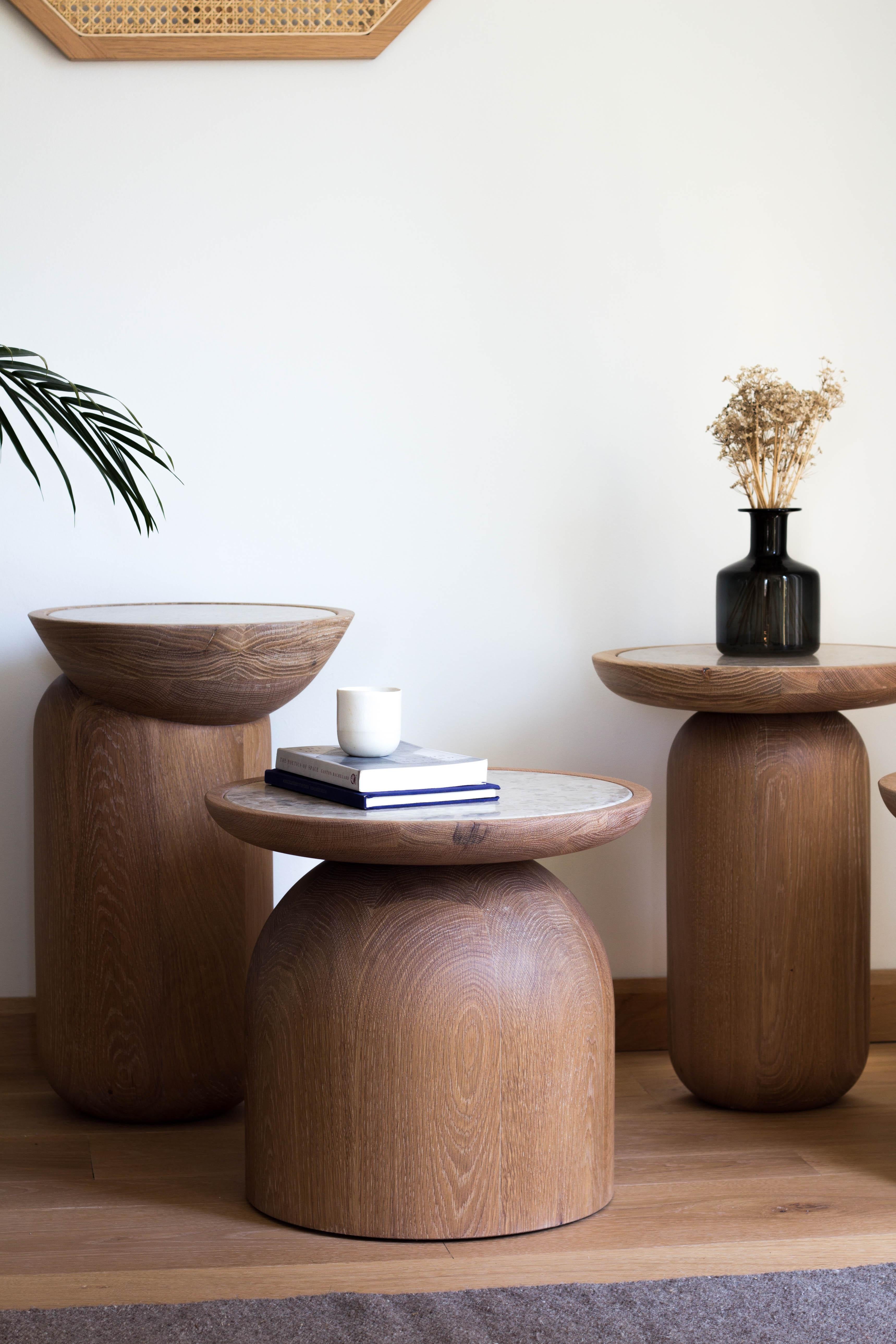 Mezcalito Gordo, Contemporary White Oak Limestone Side Table by SinCa Design In New Condition In Tolland, CT