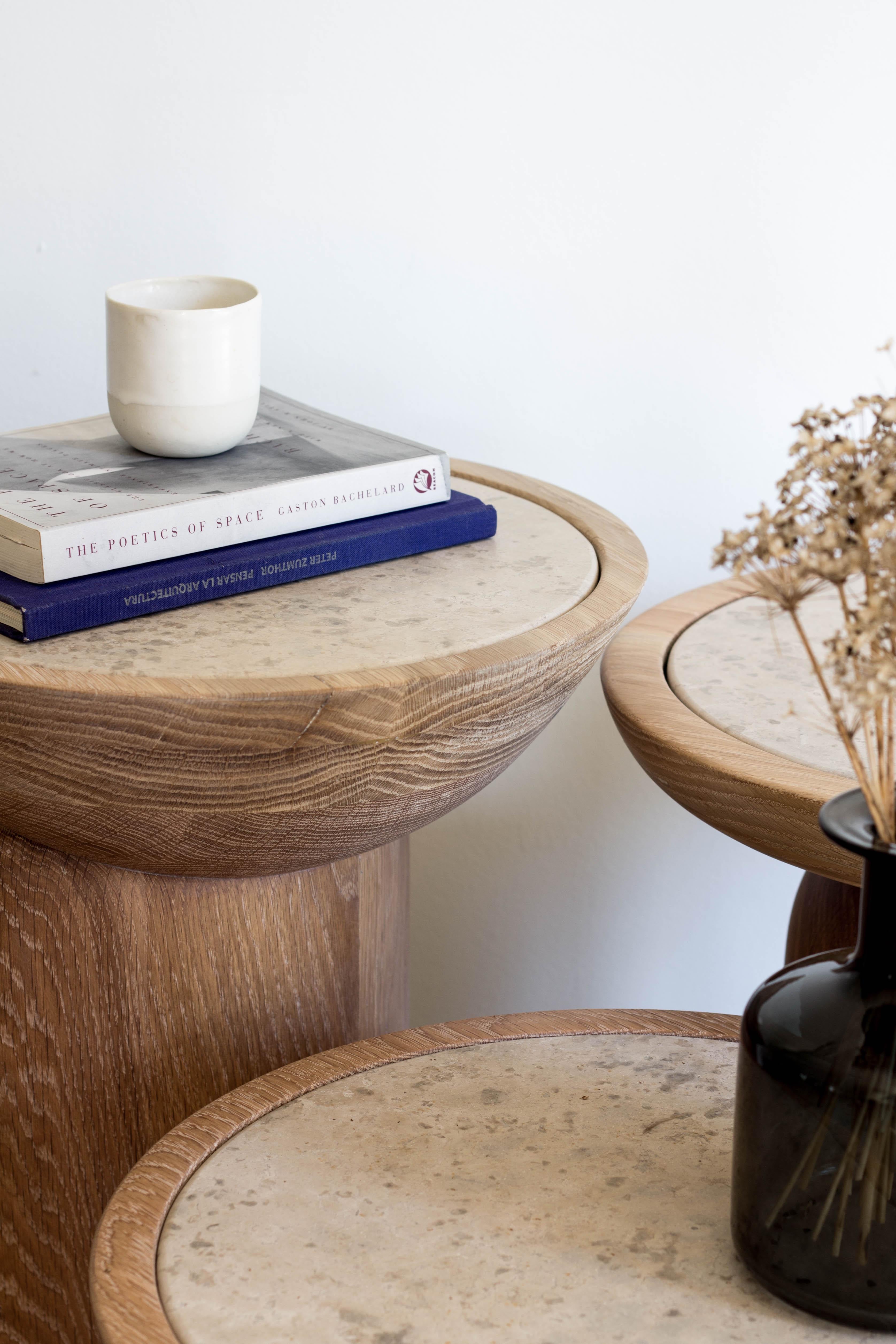 Scandinavian Modern Mezcalitos Set, Contemporary White Oak Limestone Side Table by SinCa Design