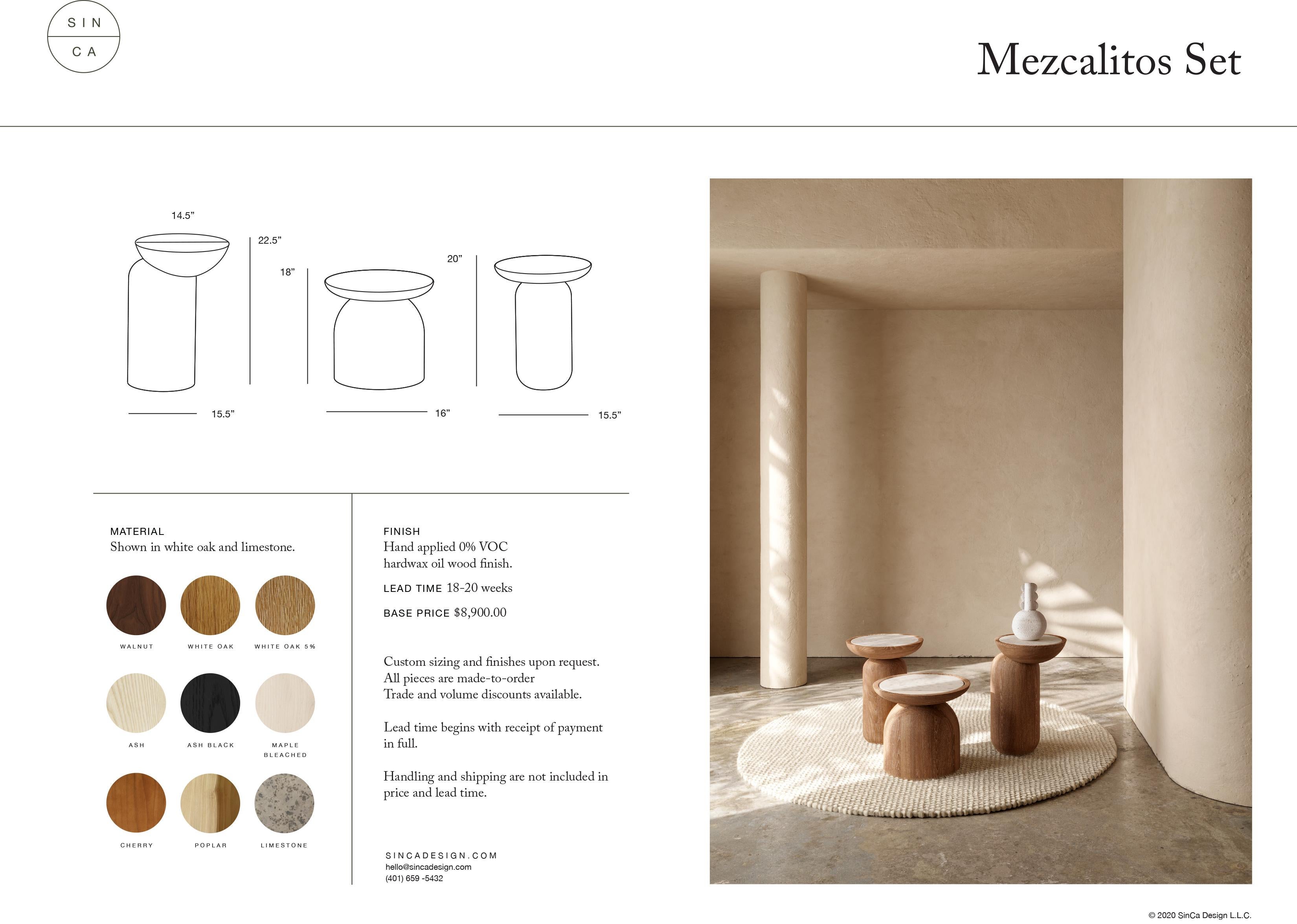Mezcalitos Set, Contemporary White Oak Limestone Side Table by SinCa Design In New Condition In Tolland, CT