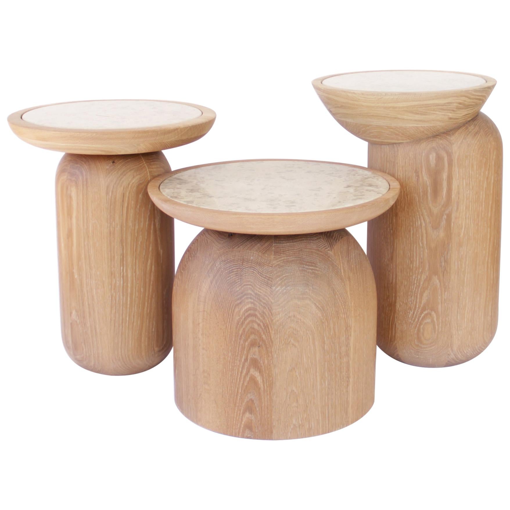 Mezcalitos Set, Contemporary White Oak Limestone Side Table by SinCa Design