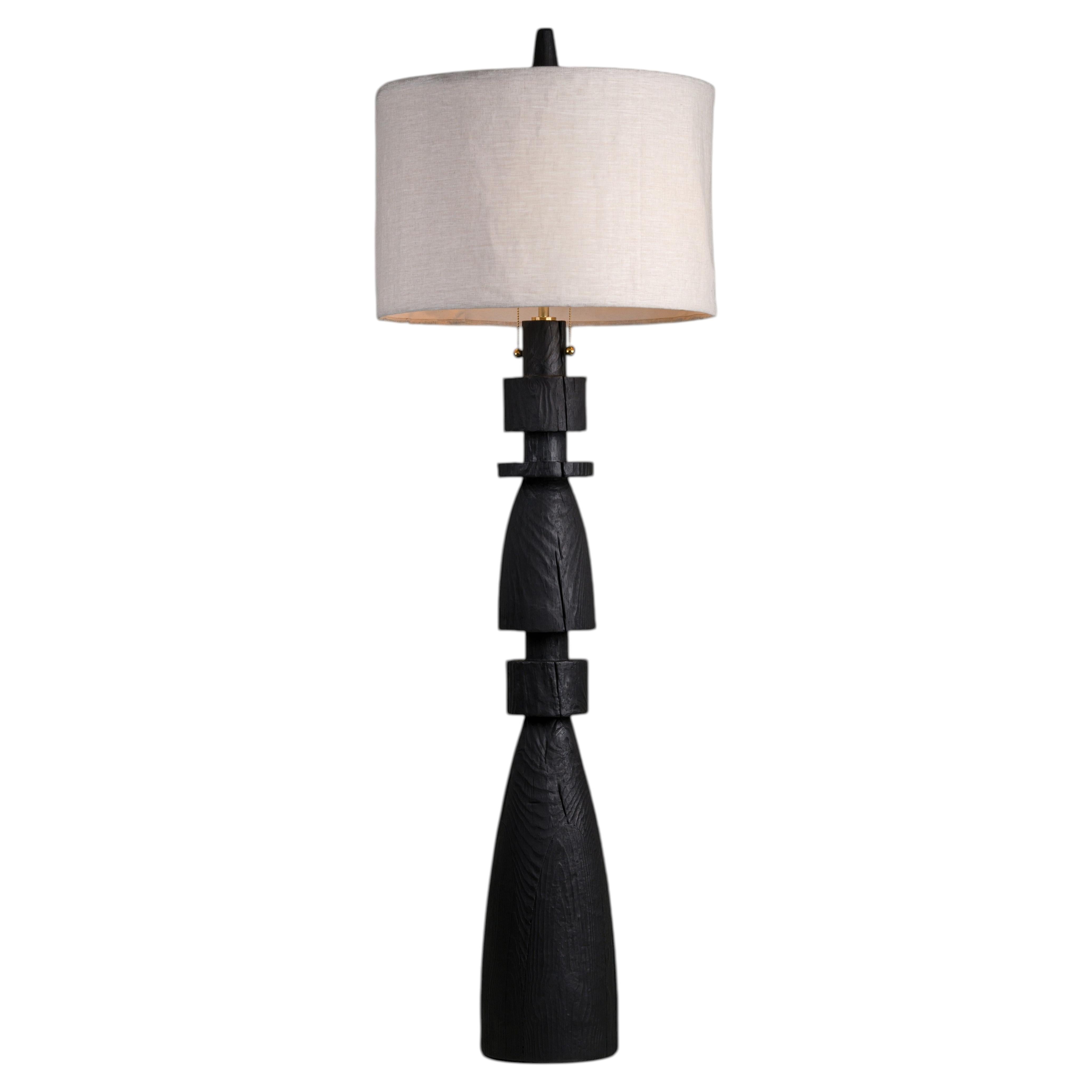 Mezquite Sculptural Pine Wood Floor Lamp with Linen Shade by Isabel Moncada