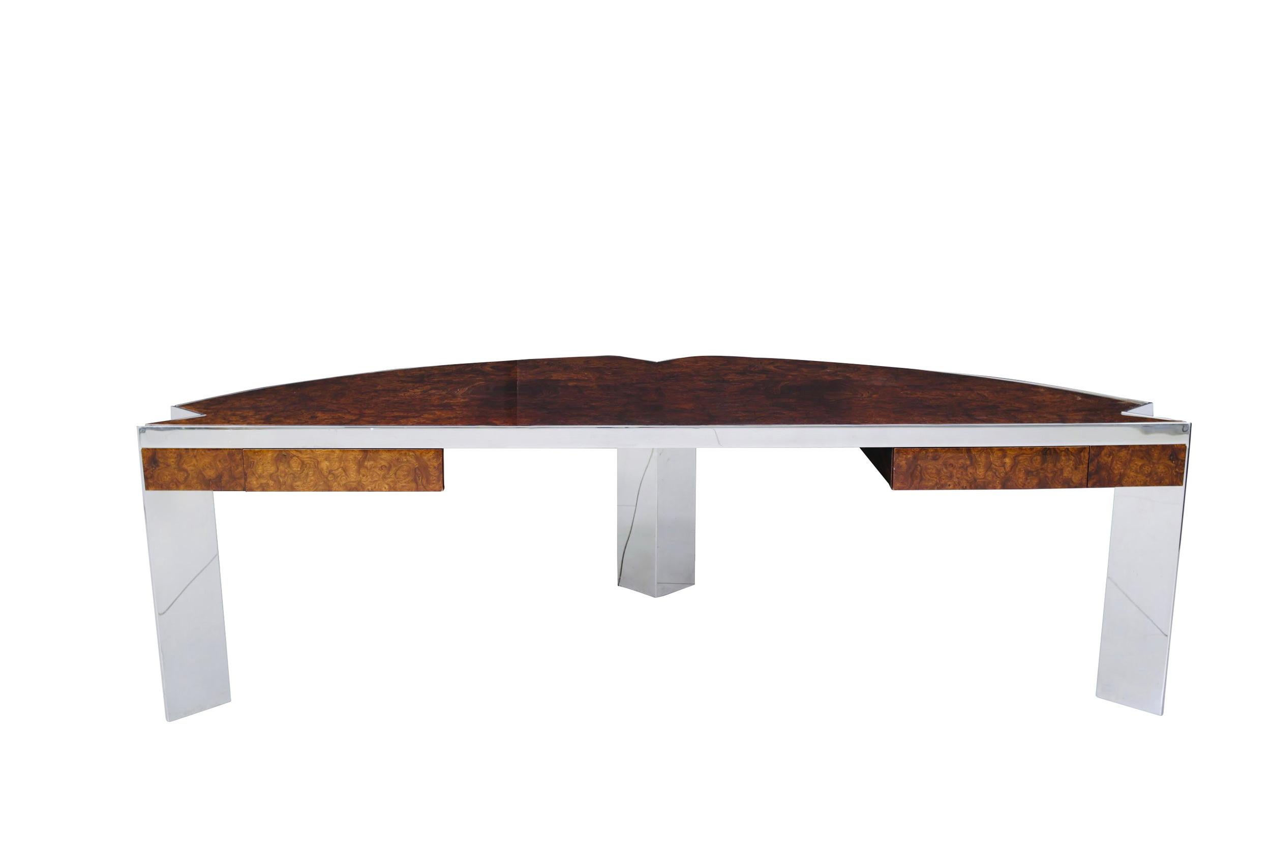 American ‘Mezzaluna” Pace Collection Burl Wood and Stainless Steel Desk